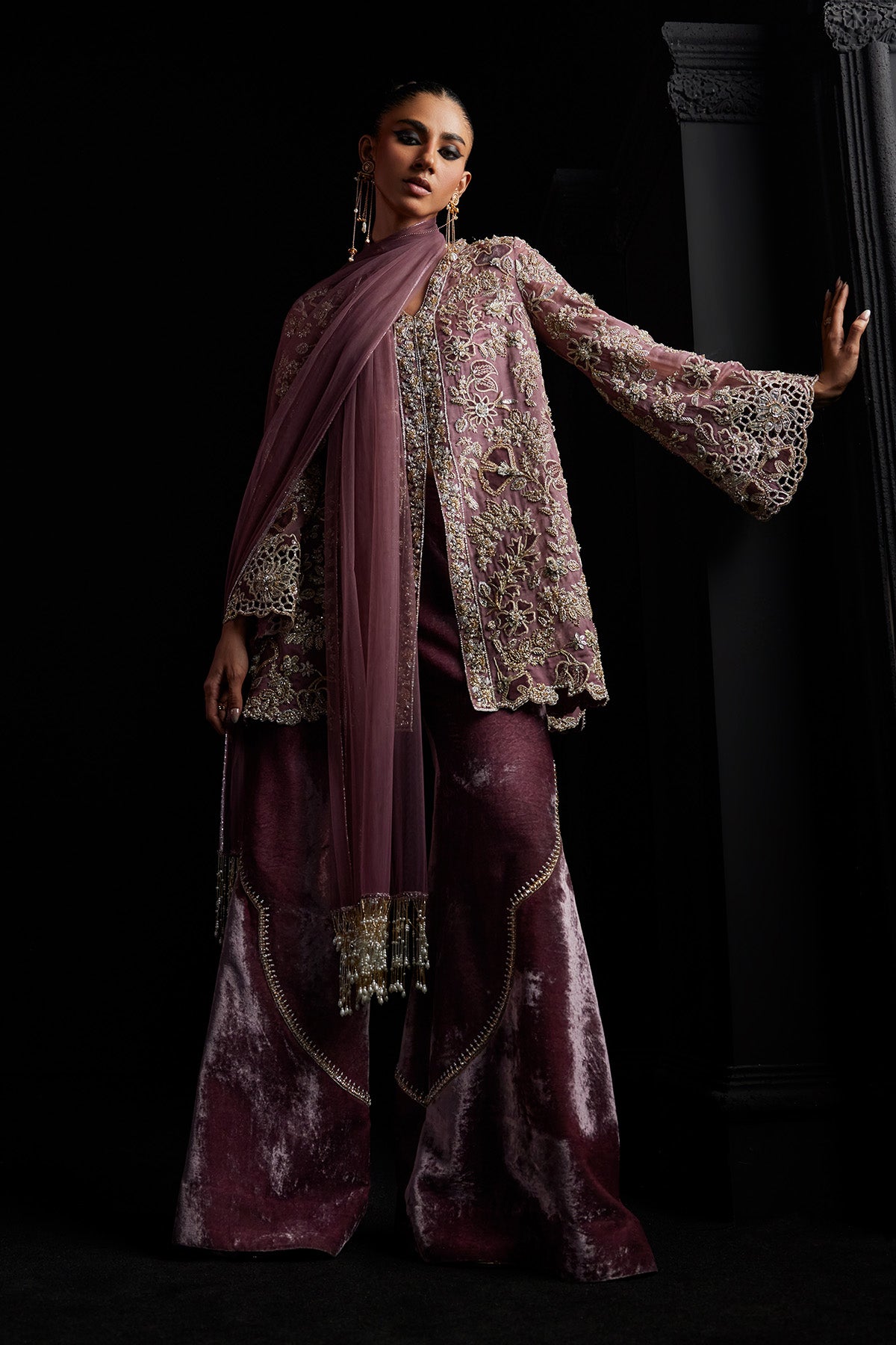 Saad Bin Shahzad Maram – rosewood embroidered jacket with velvet trousers from Chandni Bridal'26 – view 6