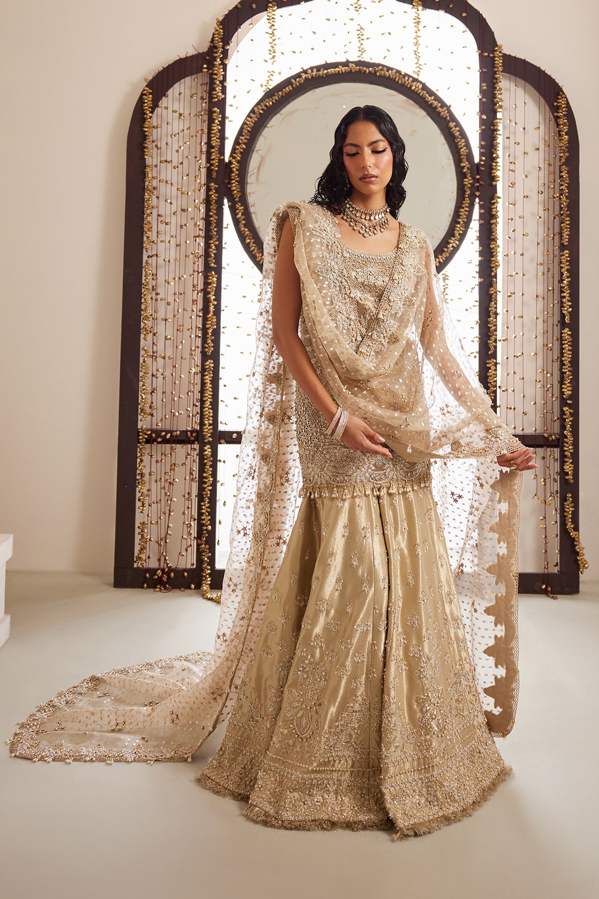 Saad Bin Shahzad Kara – gold zardozi tissue short shirt with sharara from Lolita'25 – view 9