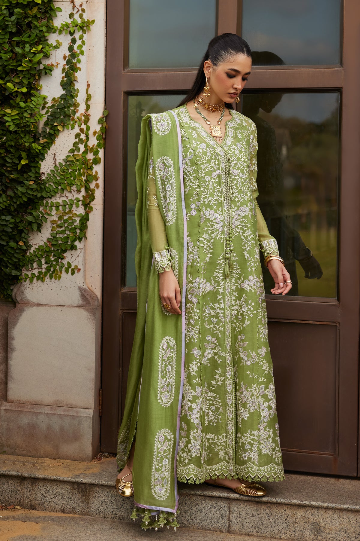 Saad Bin Shahzad Minha – pear green resham-embroidered paper lawn angrakha kurta from Summer Pret'26 – view 6