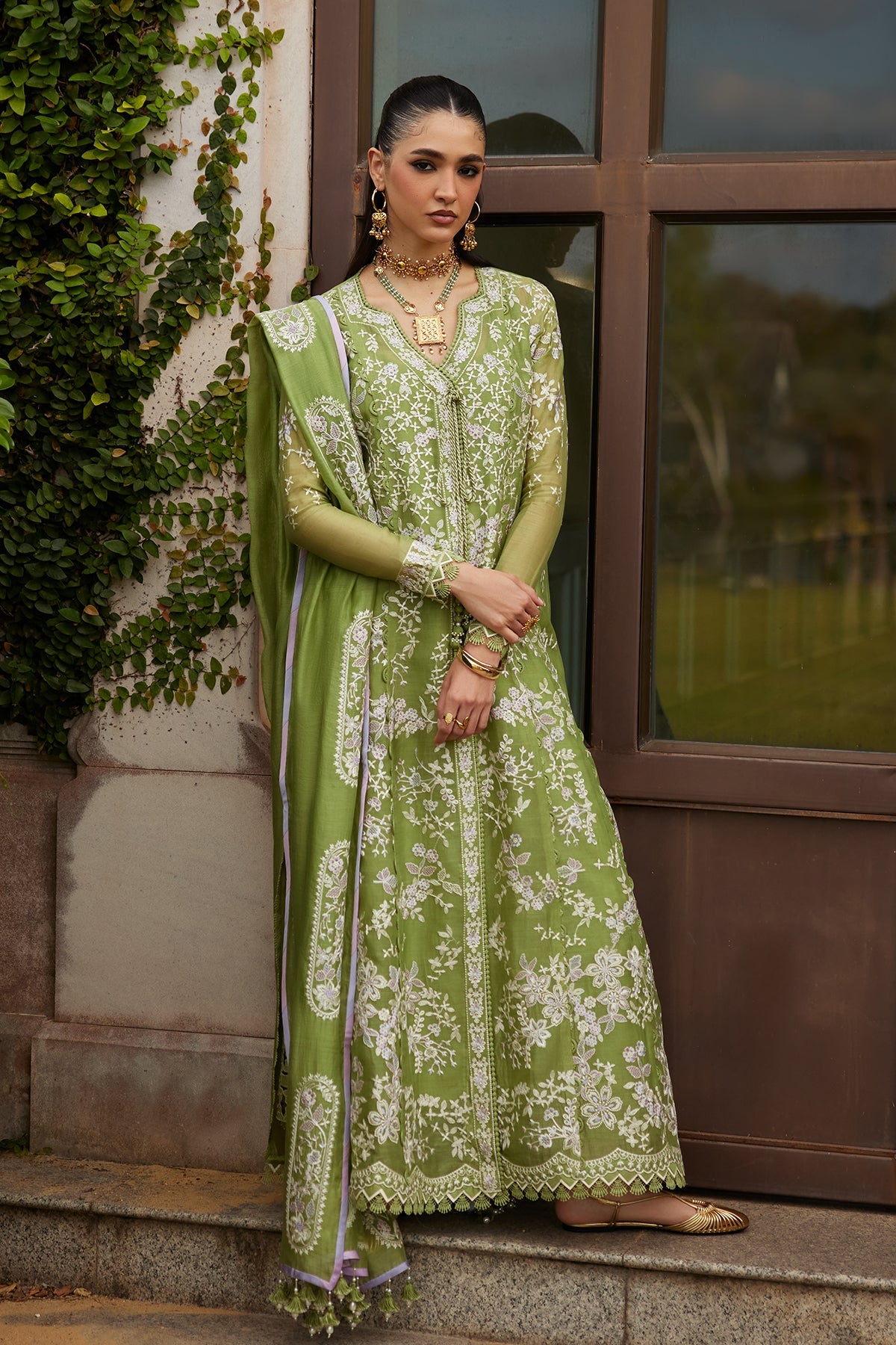Saad Bin Shahzad Minha – pear green resham-embroidered paper lawn angrakha kurta from Summer Pret'26 – view 7