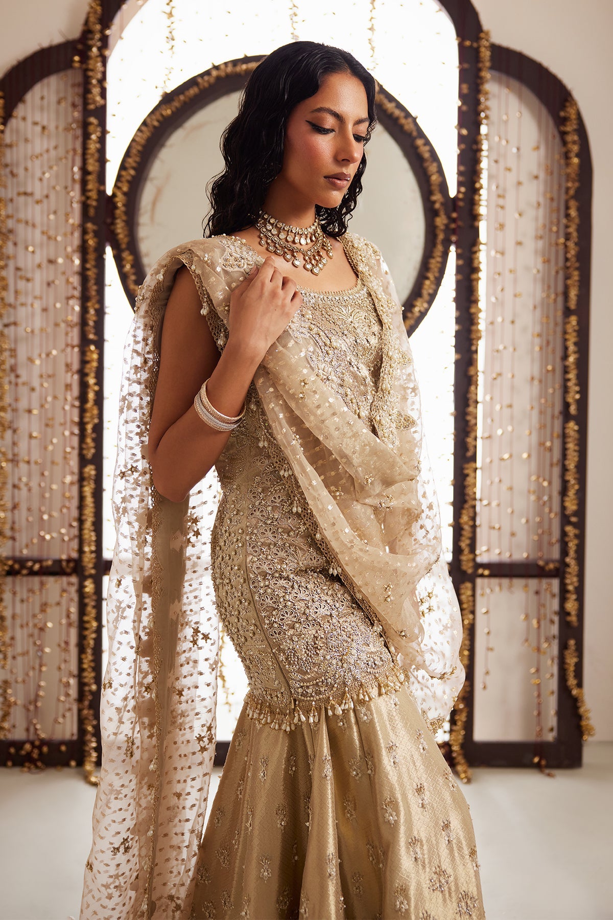 Saad Bin Shahzad Kara – gold zardozi tissue short shirt with sharara from Lolita'25 – view 5