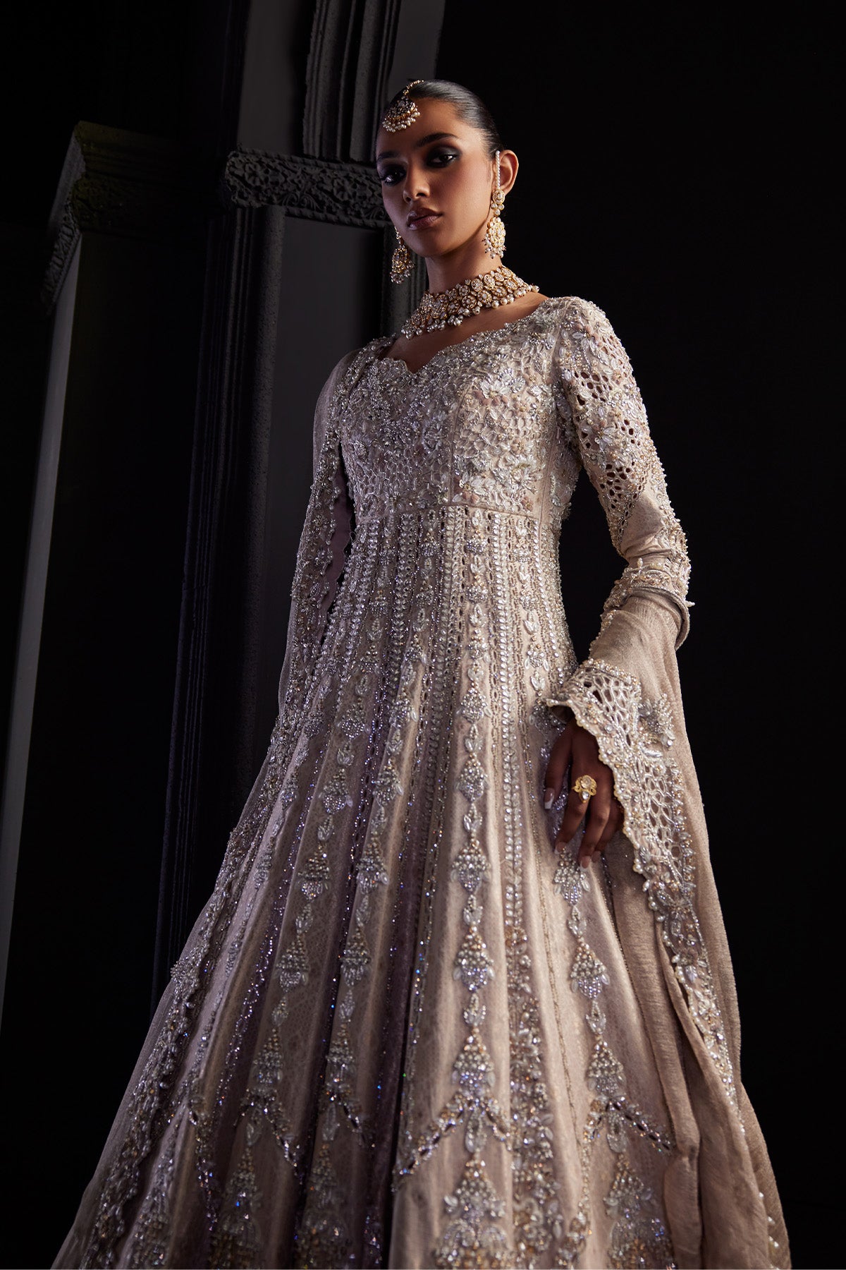 Saad Bin Shahzad Ahlam – nude pink jamawar bridal pishwas with zardozi from Chandni Bridal'26 – view 8