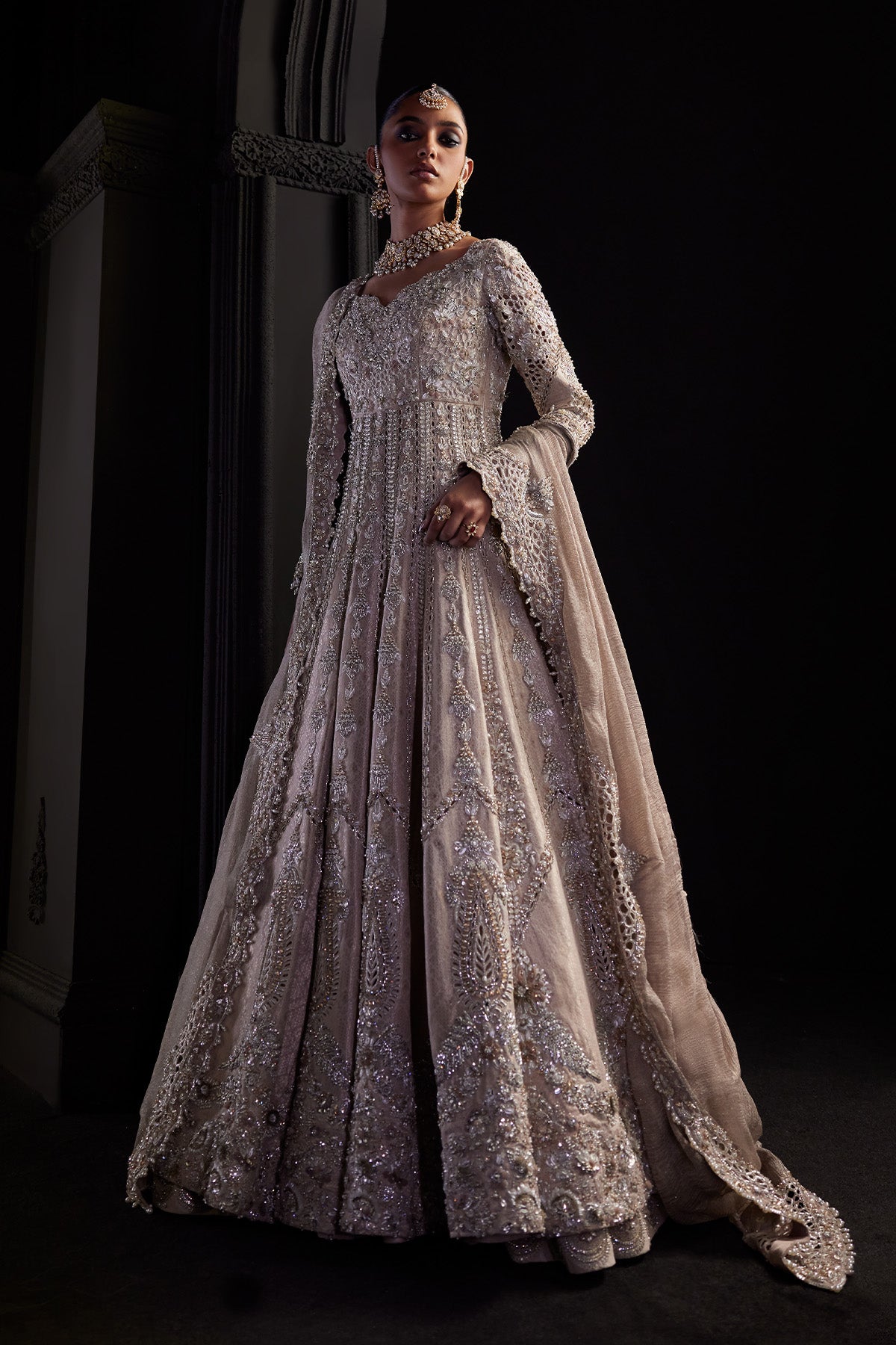 Saad Bin Shahzad Ahlam – nude pink jamawar bridal pishwas with zardozi from Chandni Bridal'26 – view 11