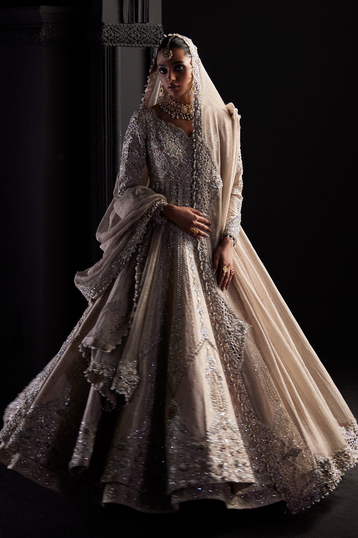 Saad Bin Shahzad Ahlam – nude pink jamawar bridal pishwas with zardozi from Chandni Bridal'26 – view 6