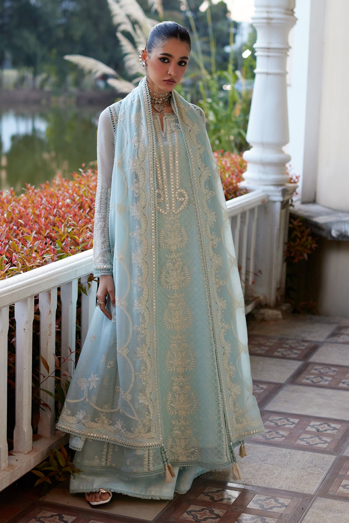 Saad Bin Shahzad Saher – sky blue embroidered paper lawn kalidaar with azaar pants from Summer Pret'26 – view 9