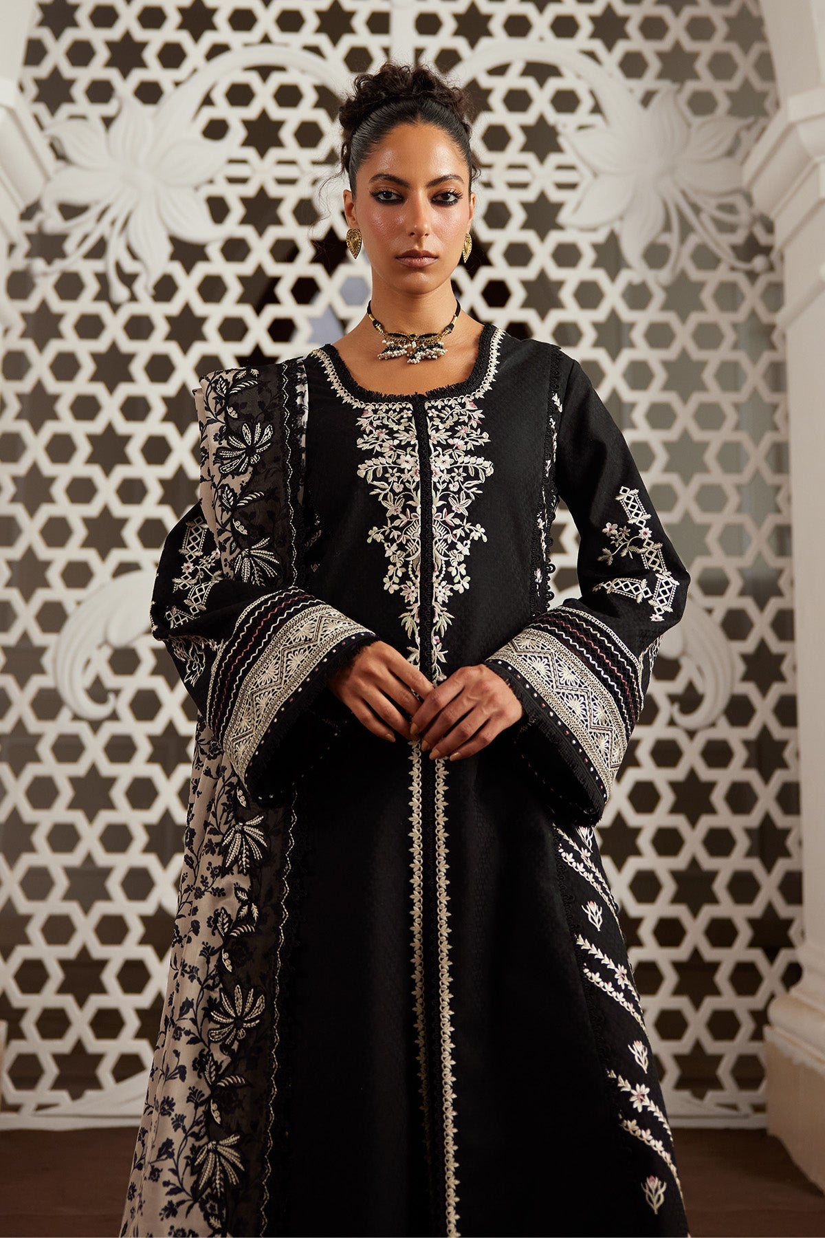 Saad Bin Shahzad Eshal – black embroidered jacquard lawn kalidar with culottes and printed silk dupatta from Depalpu – view 4