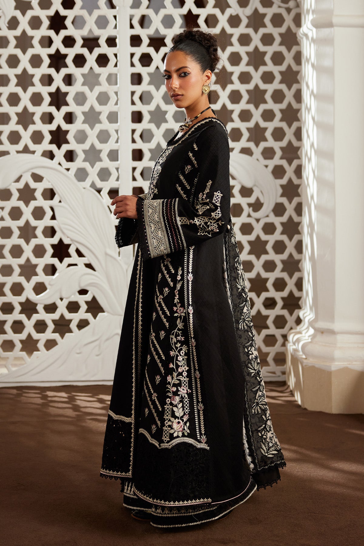 Saad Bin Shahzad Eshal – black embroidered jacquard lawn kalidar with culottes and printed silk dupatta from Depalpu – view 5