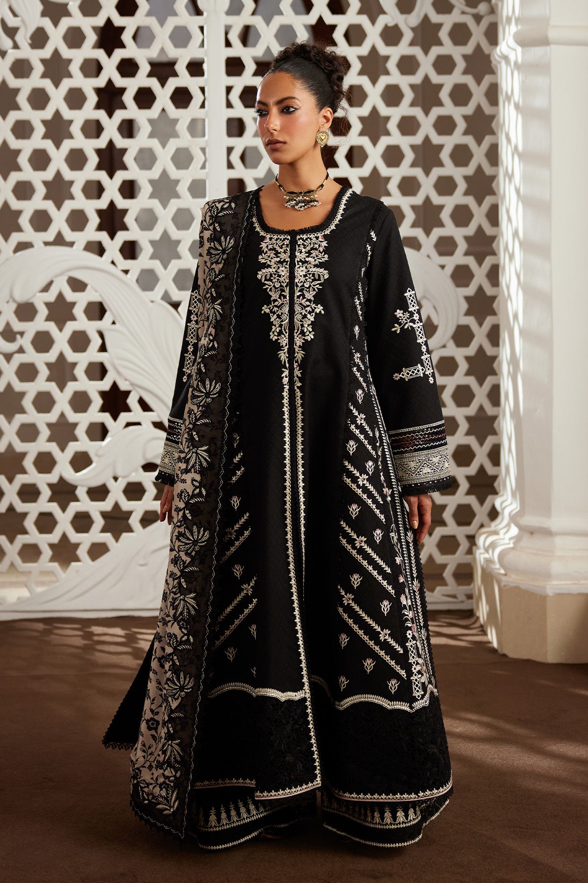Saad Bin Shahzad Eshal – black embroidered jacquard lawn kalidar with culottes and printed silk dupatta from Depalpu – view 6