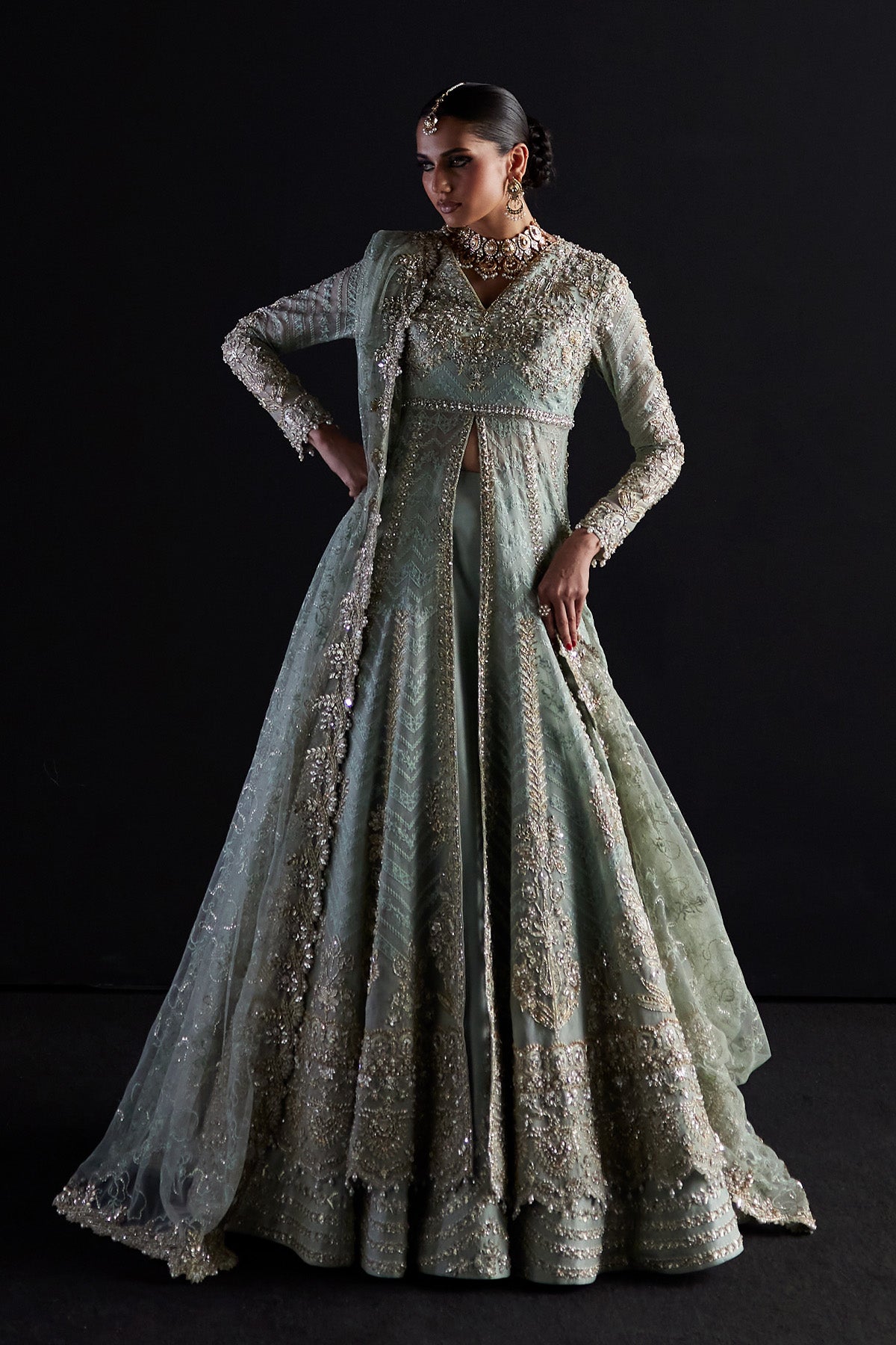 Saad Bin Shahzad Kyra – pastel blue zardozi bridal pishwas from Chandni Bridal'26 – view 10