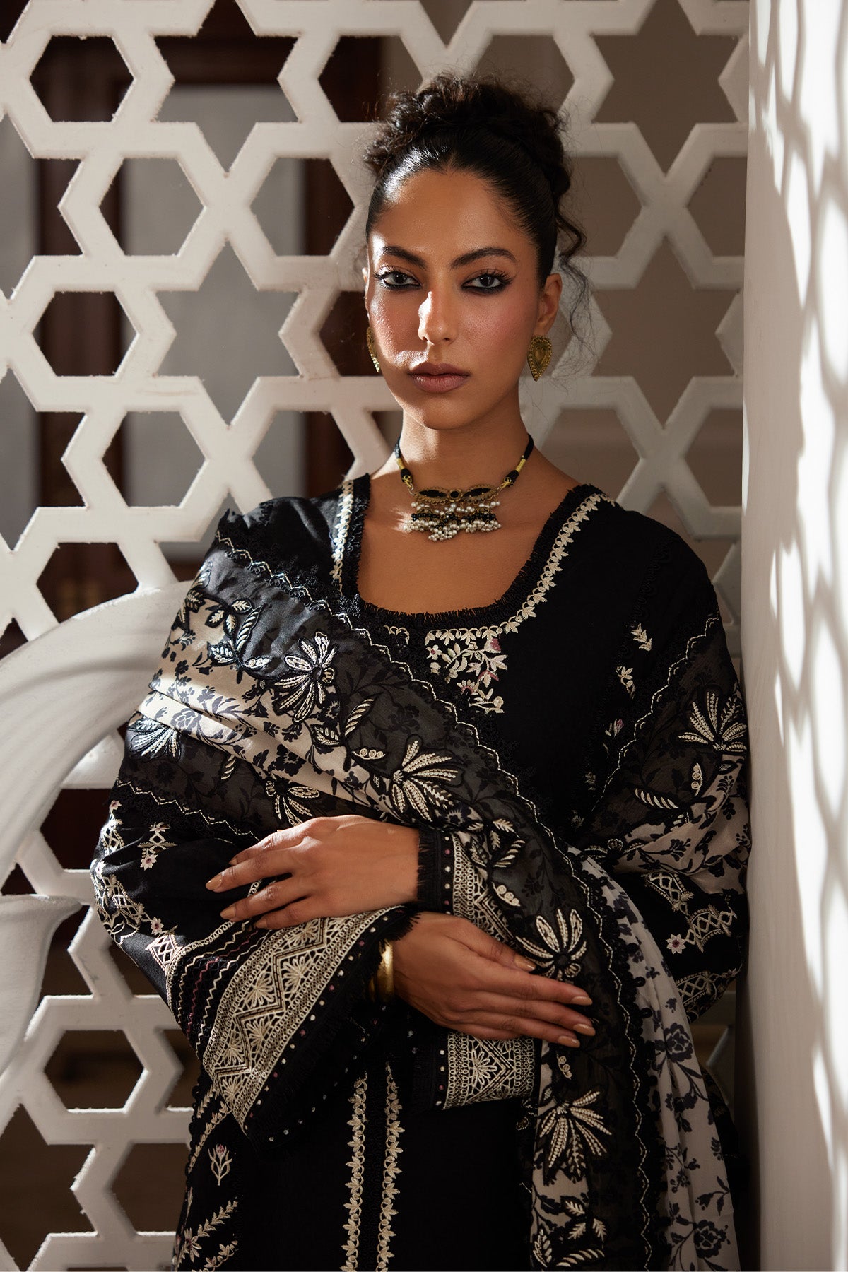 Saad Bin Shahzad Eshal – black embroidered jacquard lawn kalidar with culottes and printed silk dupatta from Depalpu – view 3