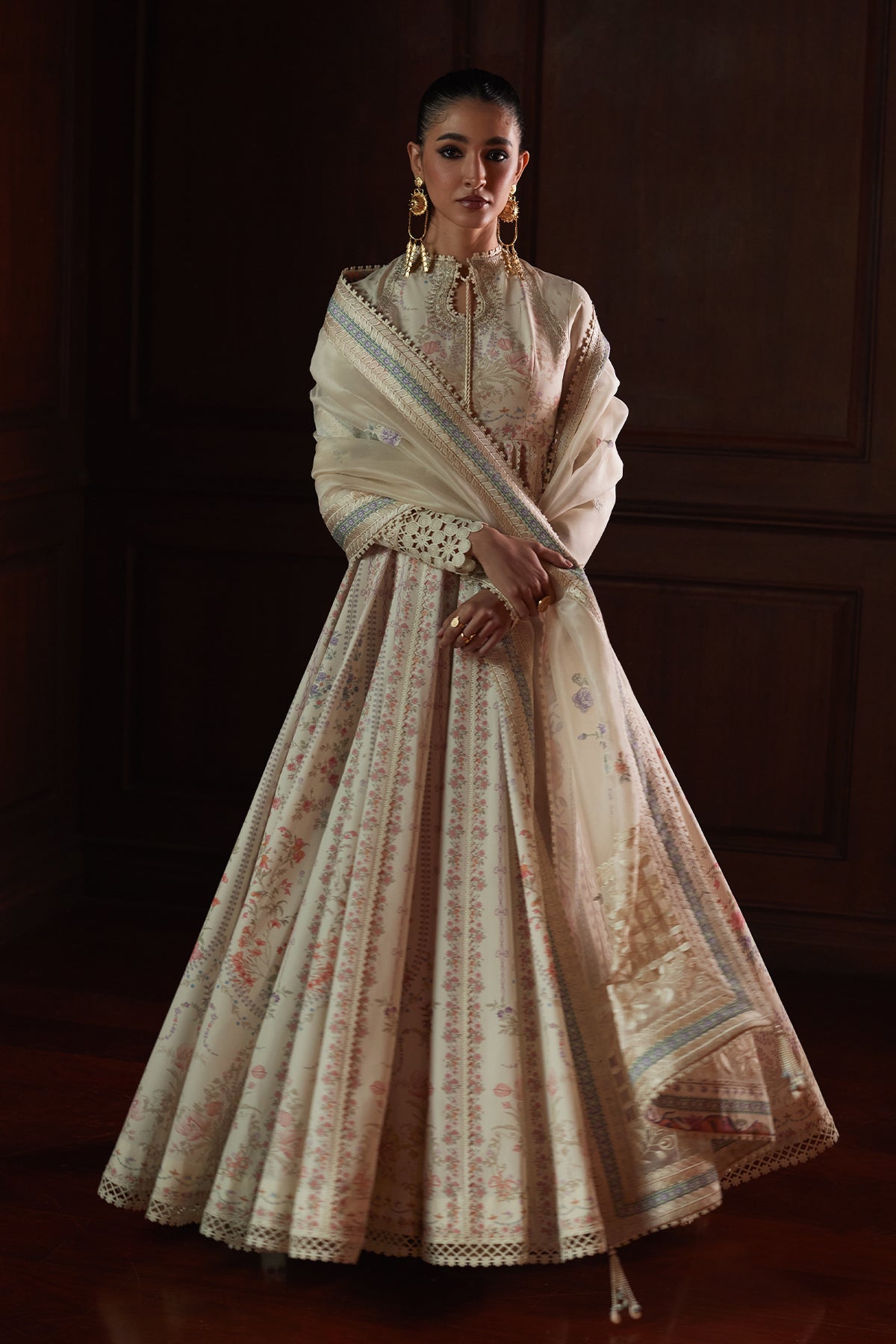 Saad Bin Shahzad Safira – ivory floral printed and embroidered lawn pishwas from Depalpur – view 7