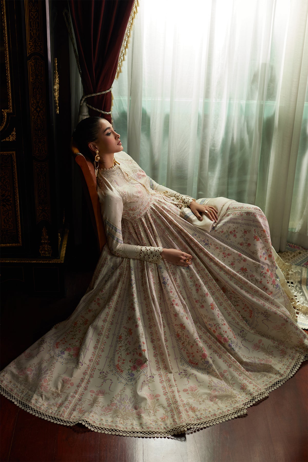 Saad Bin Shahzad Safira – ivory floral printed and embroidered lawn pishwas from Depalpur – view 10