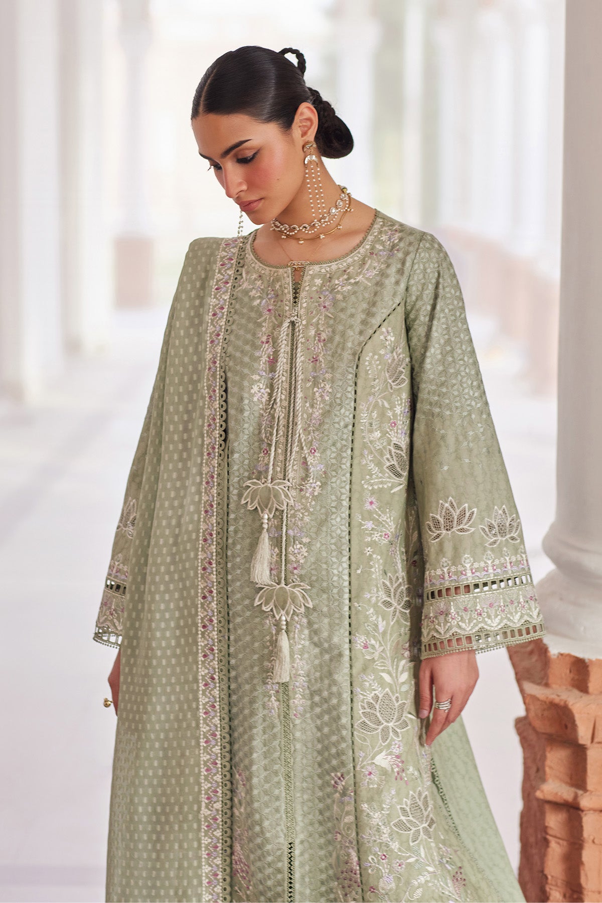 Saad Bin Shahzad Ruhab – sage green embroidered lawn kurta with culottes from Depalpur – view 3