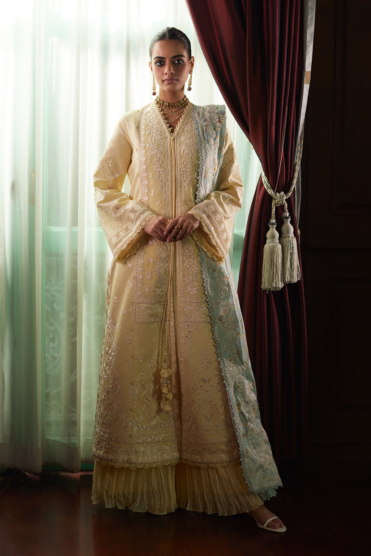 Saad Bin Shahzad Daneen – butter yellow embroidered lawn front-open kurta with ice blue dupatta from Summer Pret'26