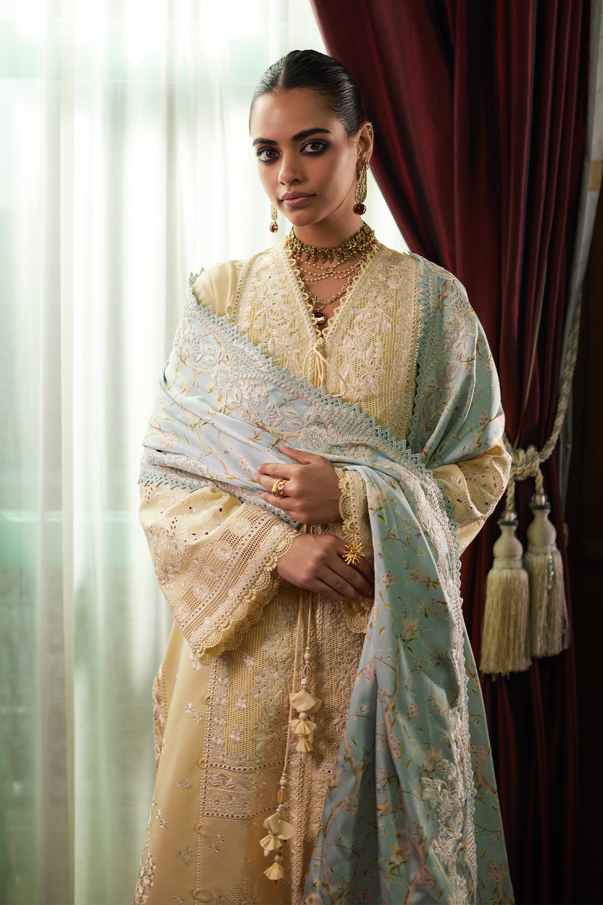 Saad Bin Shahzad Daneen – butter yellow embroidered lawn front-open kurta with ice blue dupatta from Summer Pret'26 – view 7