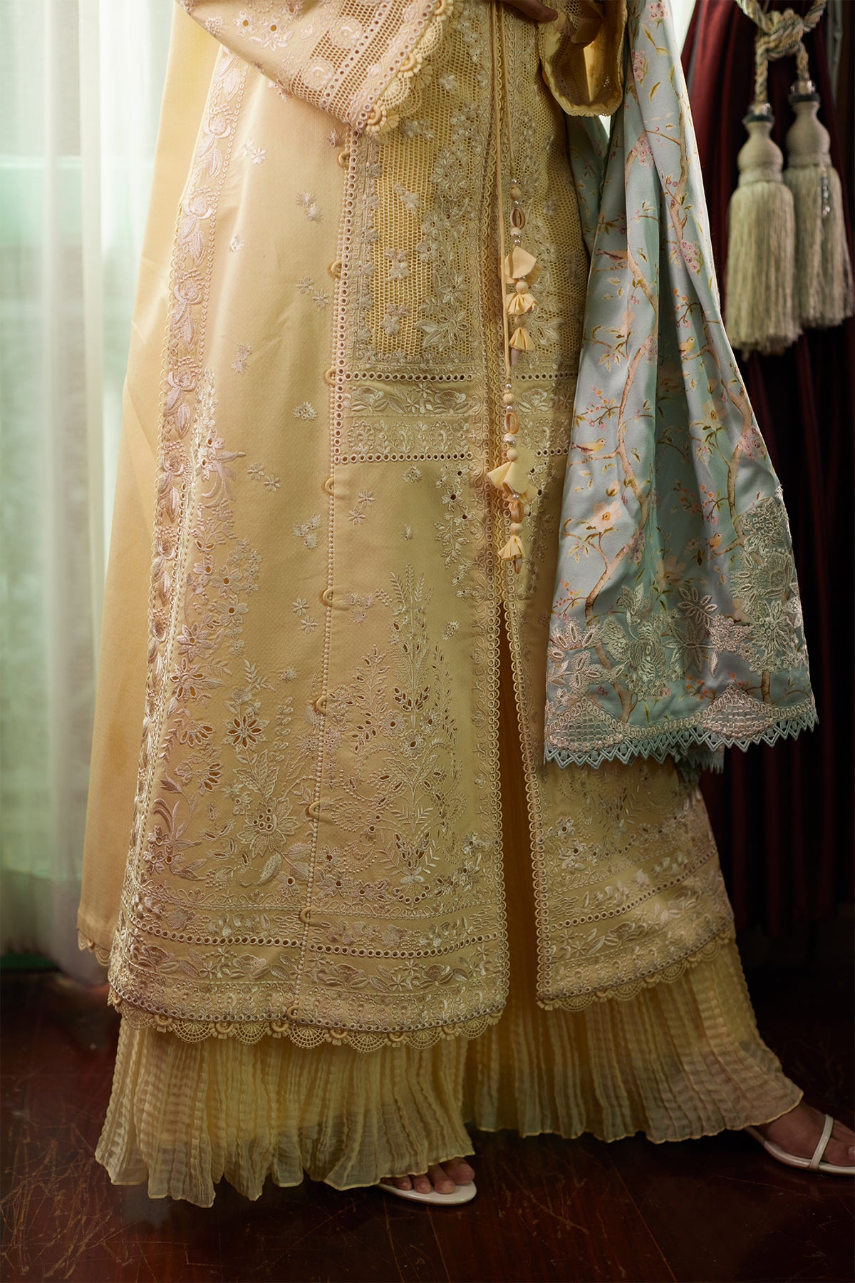 Saad Bin Shahzad Daneen – butter yellow embroidered lawn front-open kurta with ice blue dupatta from Summer Pret'26 – view 4