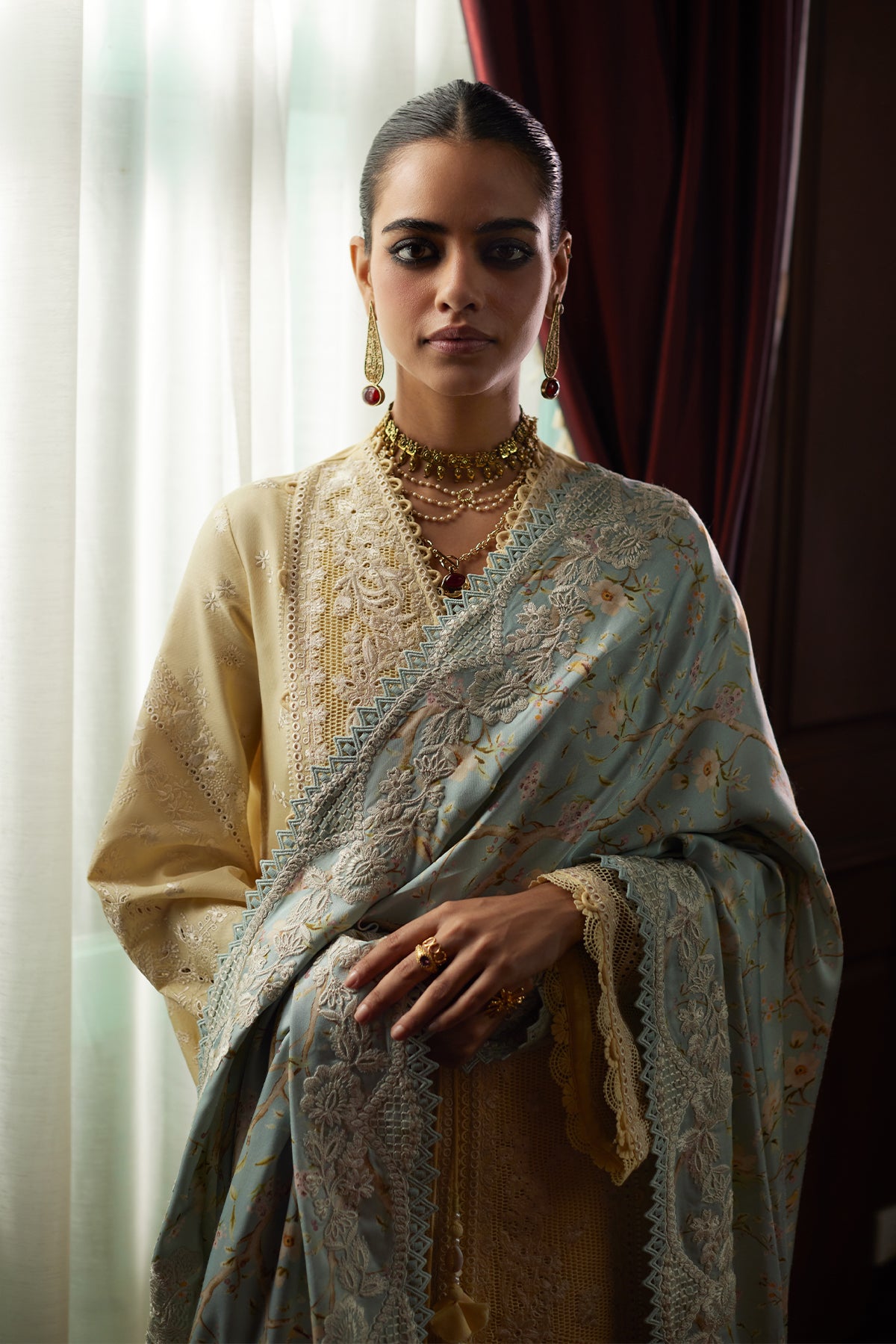 Saad Bin Shahzad Daneen – butter yellow embroidered lawn front-open kurta with ice blue dupatta from Summer Pret'26 – view 5