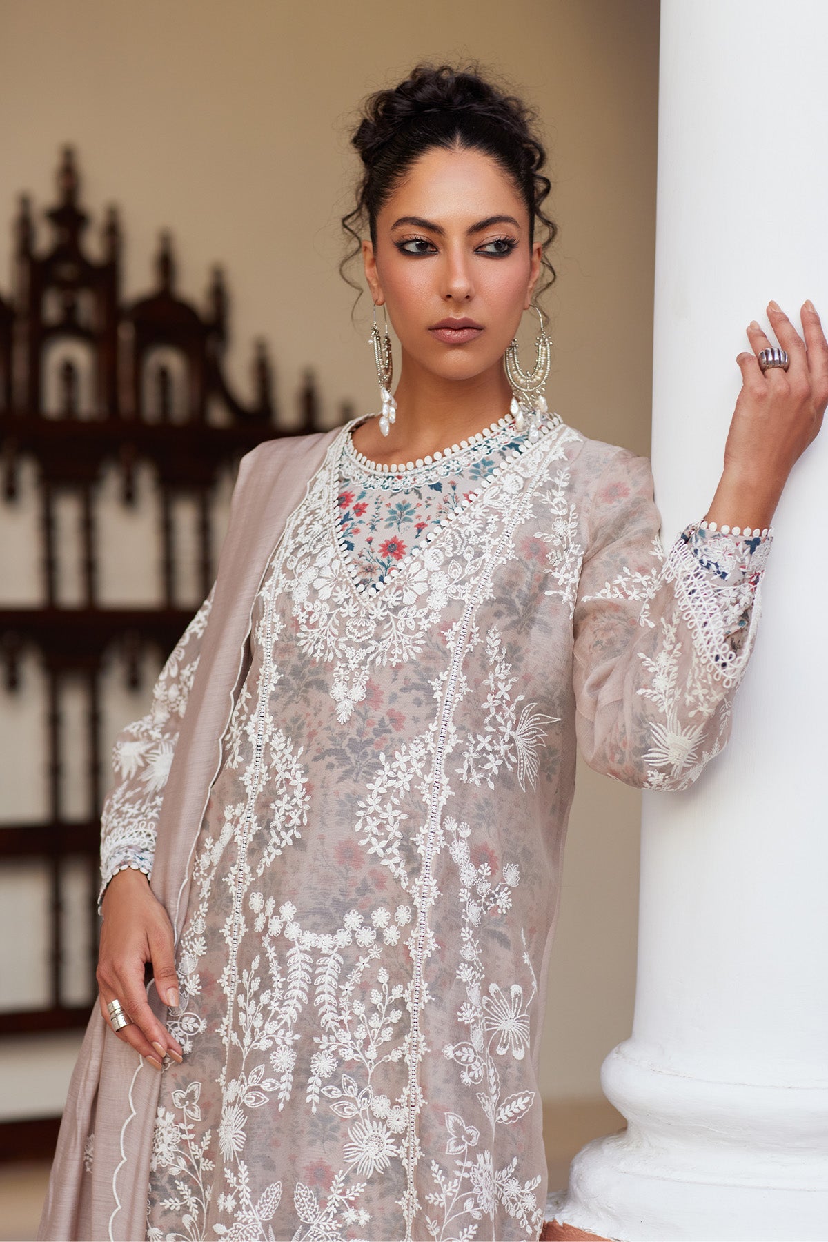Saad Bin Shahzad Ayaal – soft beige resham-embroidered paper lawn kurta with trousers from Depalpur – view 4