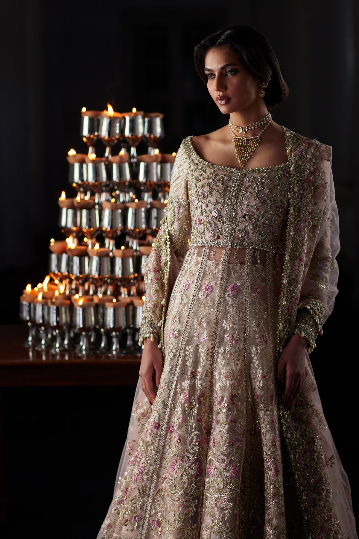 Saad Bin Shahzad Rina – nude pink embroidered net pishwas with jamawar lehenga from El Veneto Luxury Formals – view 8