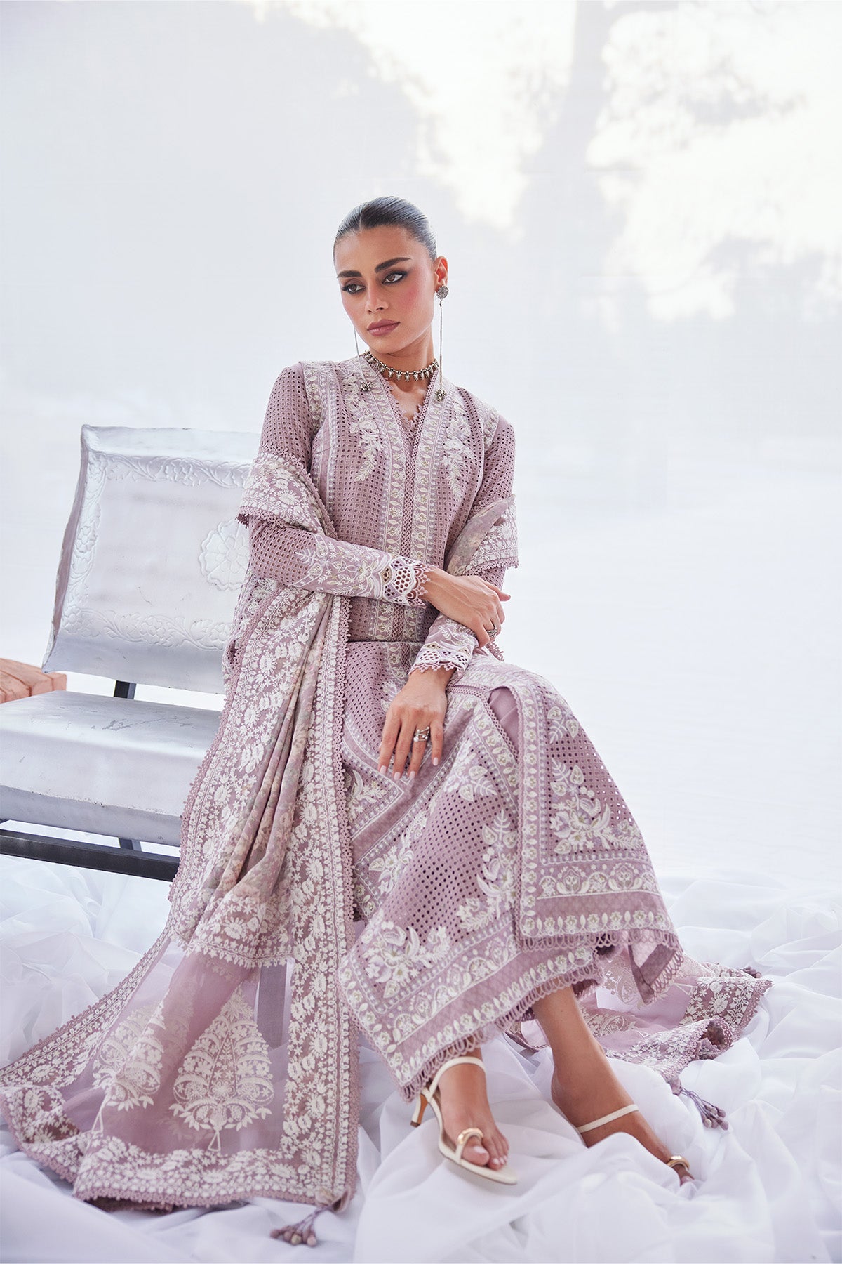 Saad Bin Shahzad Minha – lavender shifli embroidered lawn open shirt with culottes from Depalpur – view 5