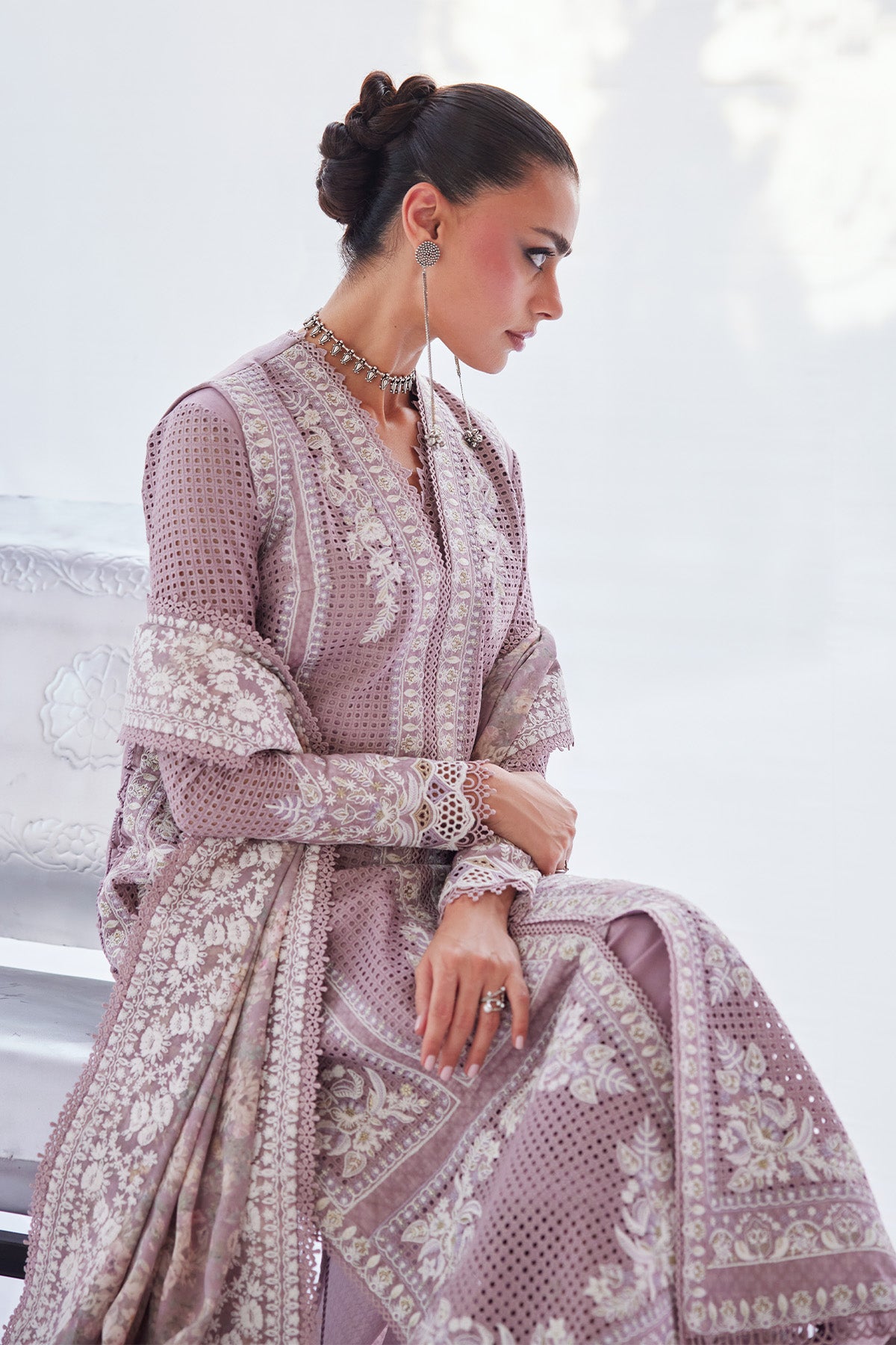 Saad Bin Shahzad Minha – lavender shifli embroidered lawn open shirt with culottes from Depalpur – view 6