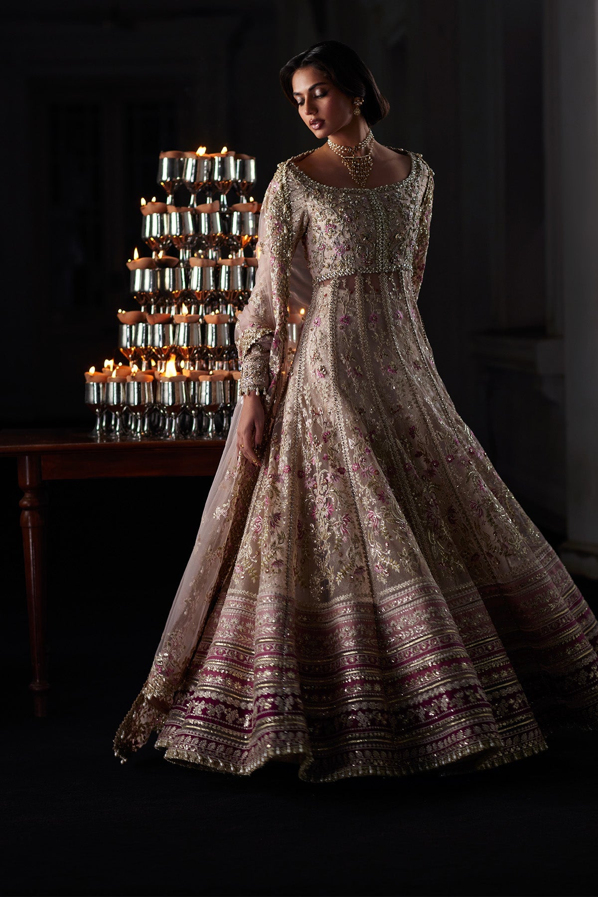 Saad Bin Shahzad Rina – nude pink embroidered net pishwas with jamawar lehenga from El Veneto Luxury Formals – view 3