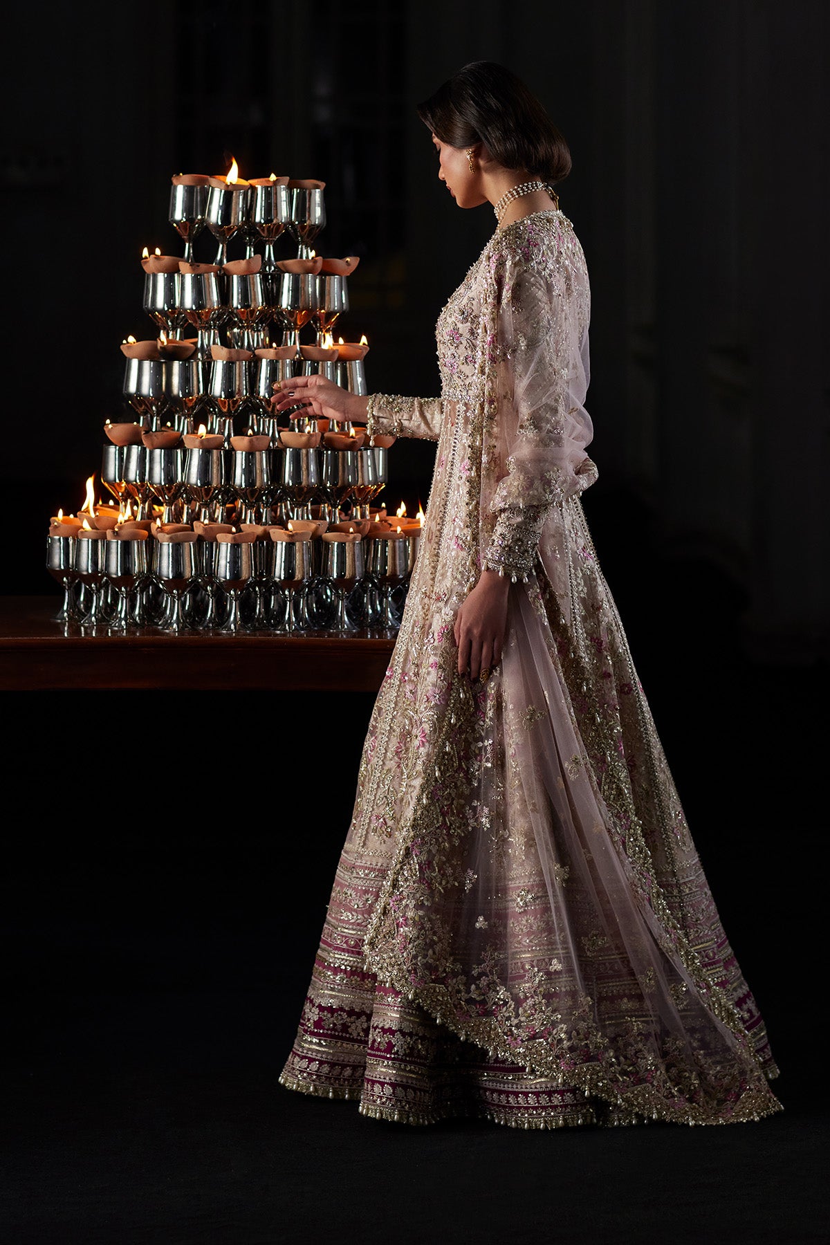 Saad Bin Shahzad Rina – nude pink embroidered net pishwas with jamawar lehenga from El Veneto Luxury Formals – view 5