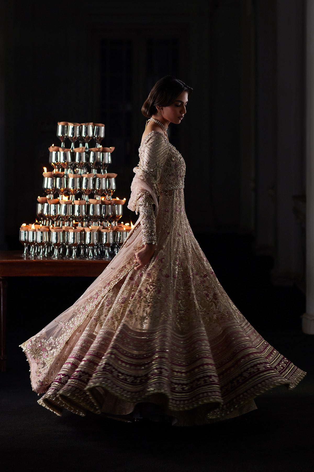 Saad Bin Shahzad Rina – nude pink embroidered net pishwas with jamawar lehenga from El Veneto Luxury Formals – view 7