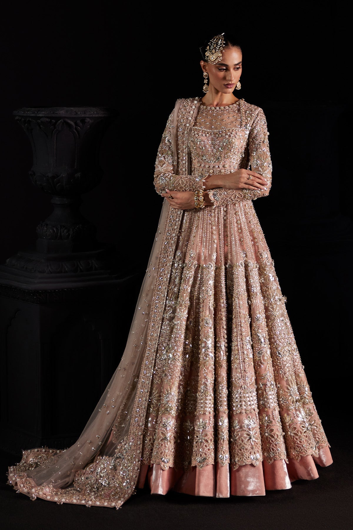 Saad Bin Shahzad Mina – pastel pink zardozi pishwas with velvet lehenga from Chandni Bridal'26 – view 6