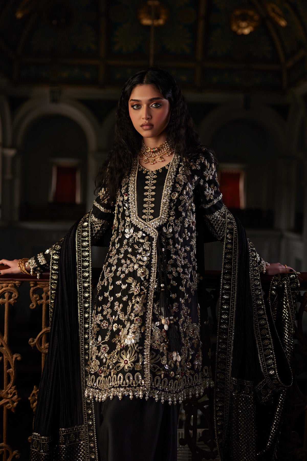 Saad Bin Shahzad Zivra – black zardozi short angrakha with shalwar and crushed dupatta from El Veneto Luxury Formals – view 4