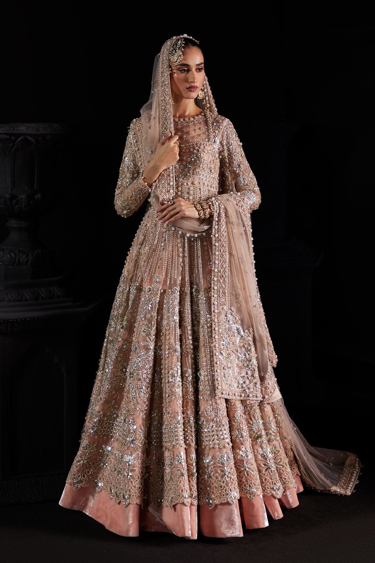 Saad Bin Shahzad Mina – pastel pink zardozi pishwas with velvet lehenga from Chandni Bridal'26