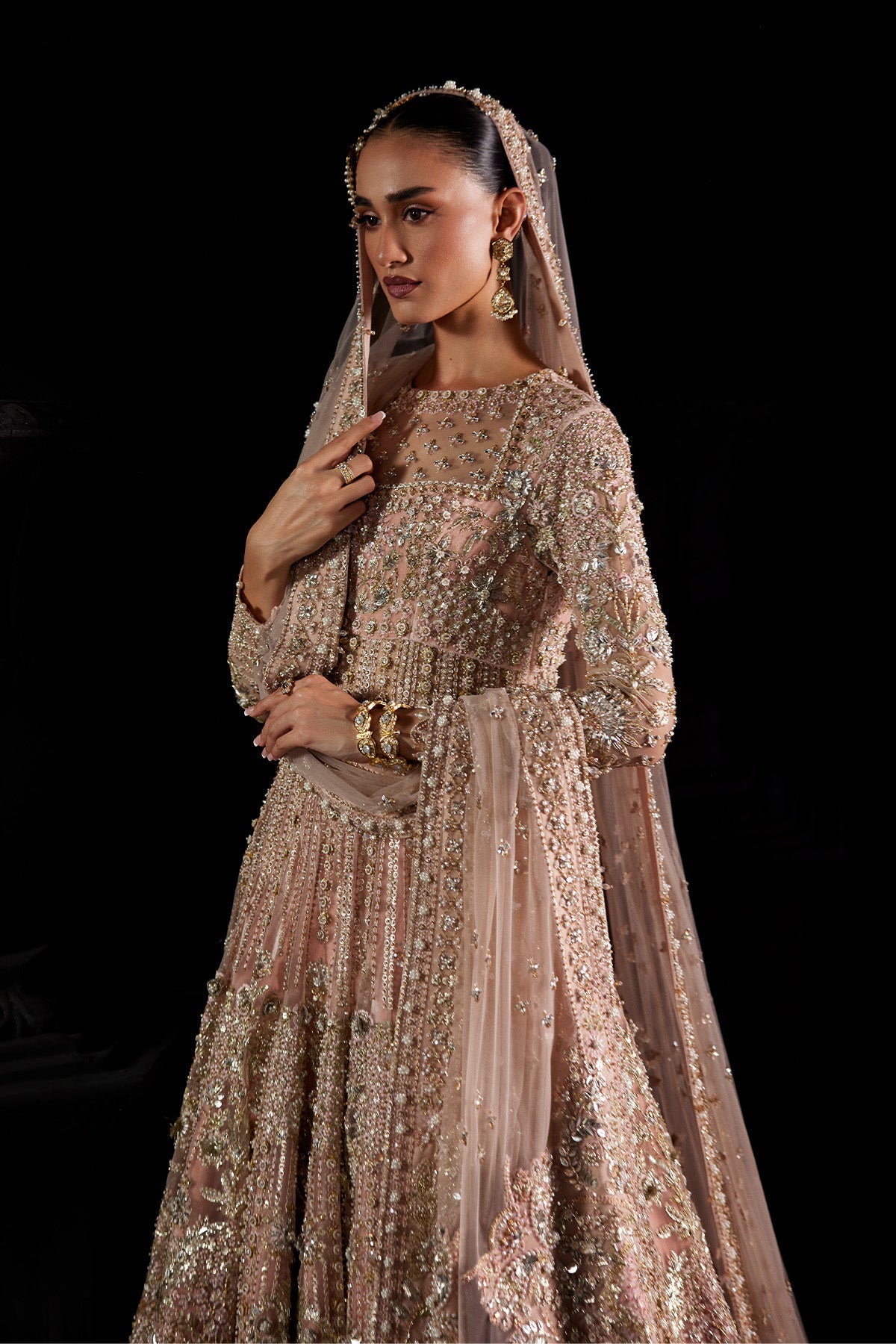 Saad Bin Shahzad Mina – pastel pink zardozi pishwas with velvet lehenga from Chandni Bridal'26 – view 3