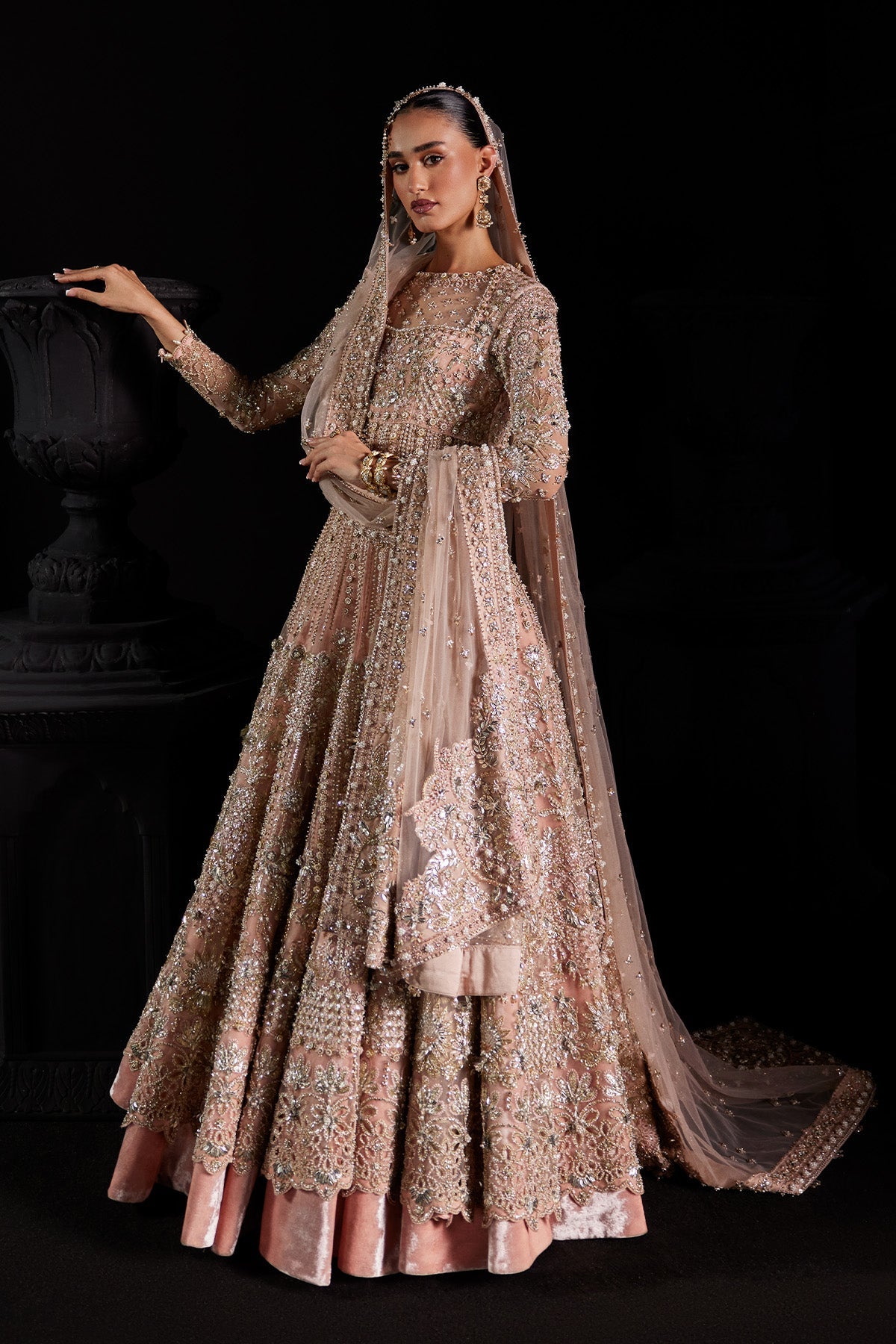 Saad Bin Shahzad Mina – pastel pink zardozi pishwas with velvet lehenga from Chandni Bridal'26 – view 9