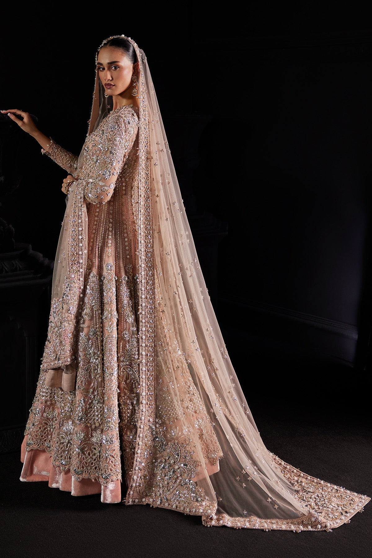 Saad Bin Shahzad Mina – pastel pink zardozi pishwas with velvet lehenga from Chandni Bridal'26 – view 5