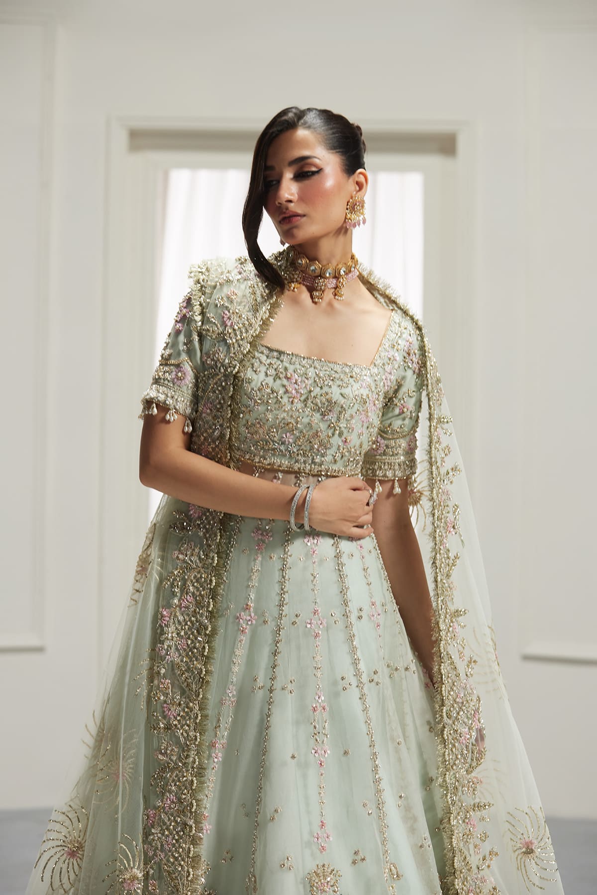 Saad Bin Shahzad Izel – light blue hand-embellished pishwas with raw silk lehenga from Lolita'25 – view 7