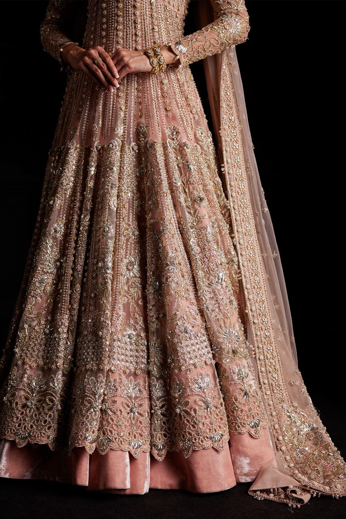 Saad Bin Shahzad Mina – pastel pink zardozi pishwas with velvet lehenga from Chandni Bridal'26 – view 8