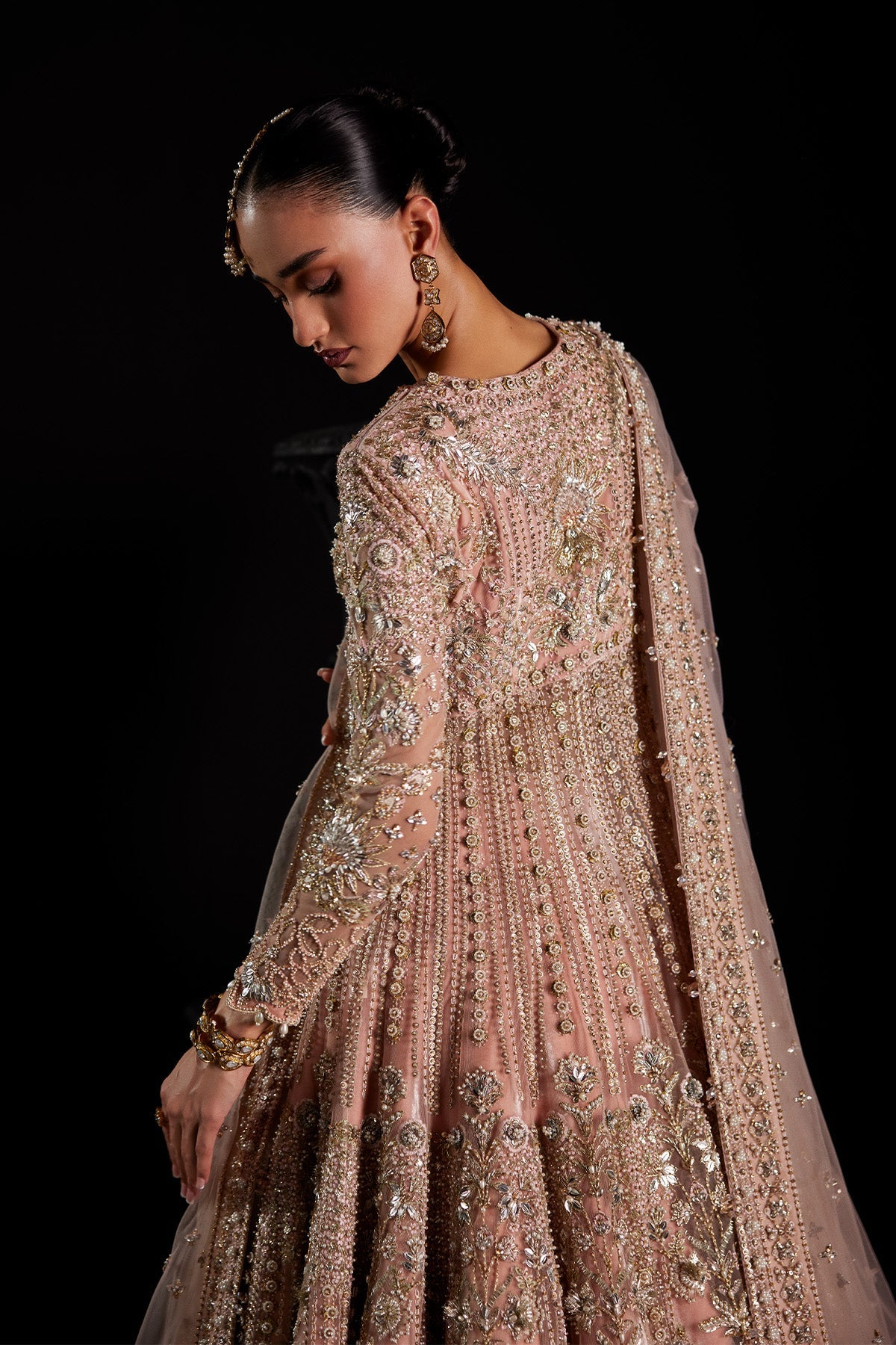 Saad Bin Shahzad Mina – pastel pink zardozi pishwas with velvet lehenga from Chandni Bridal'26 – view 7
