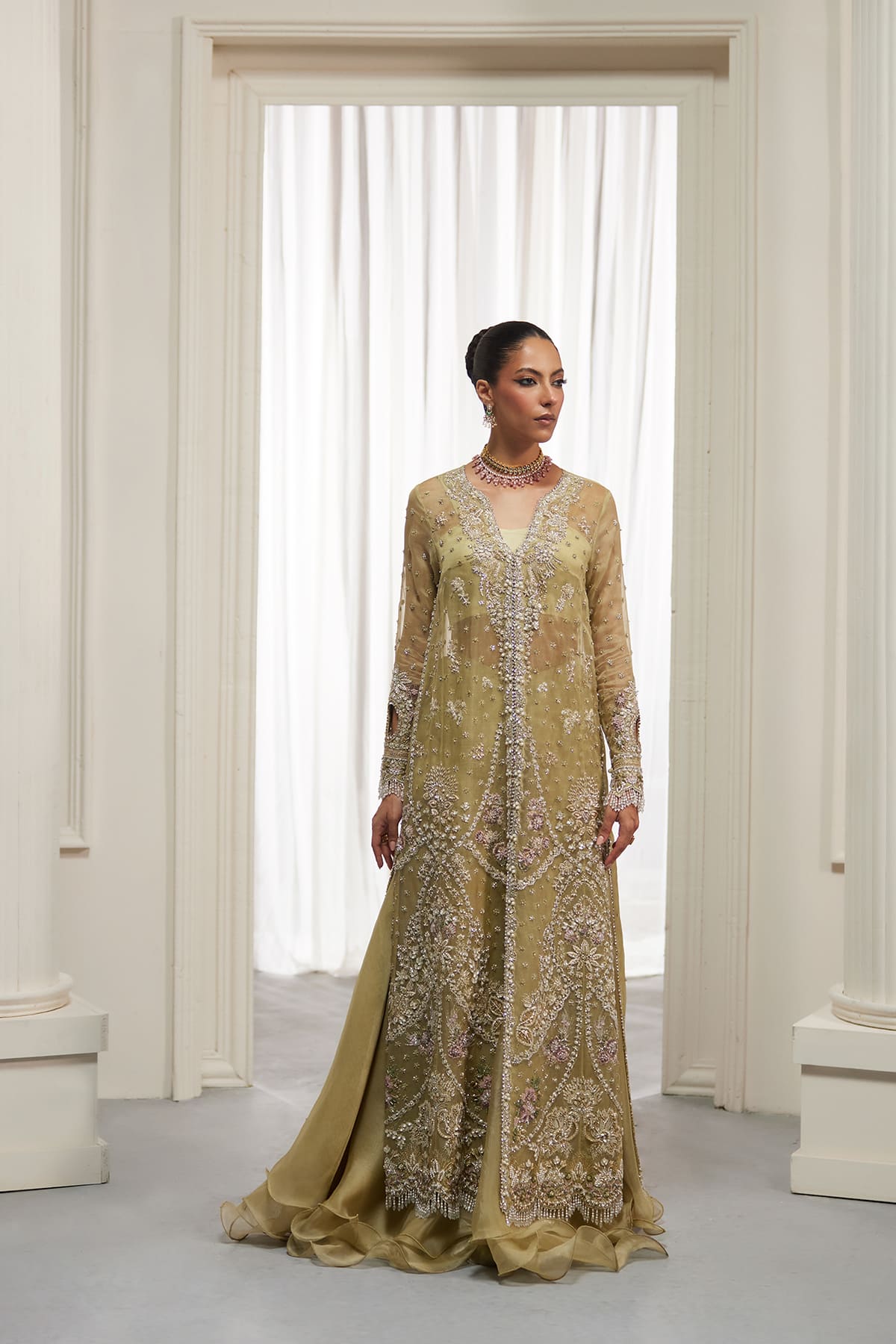 Saad Bin Shahzad Asmira – olive green zardozi organza long shirt with sharara from Lolita'25 – view 4