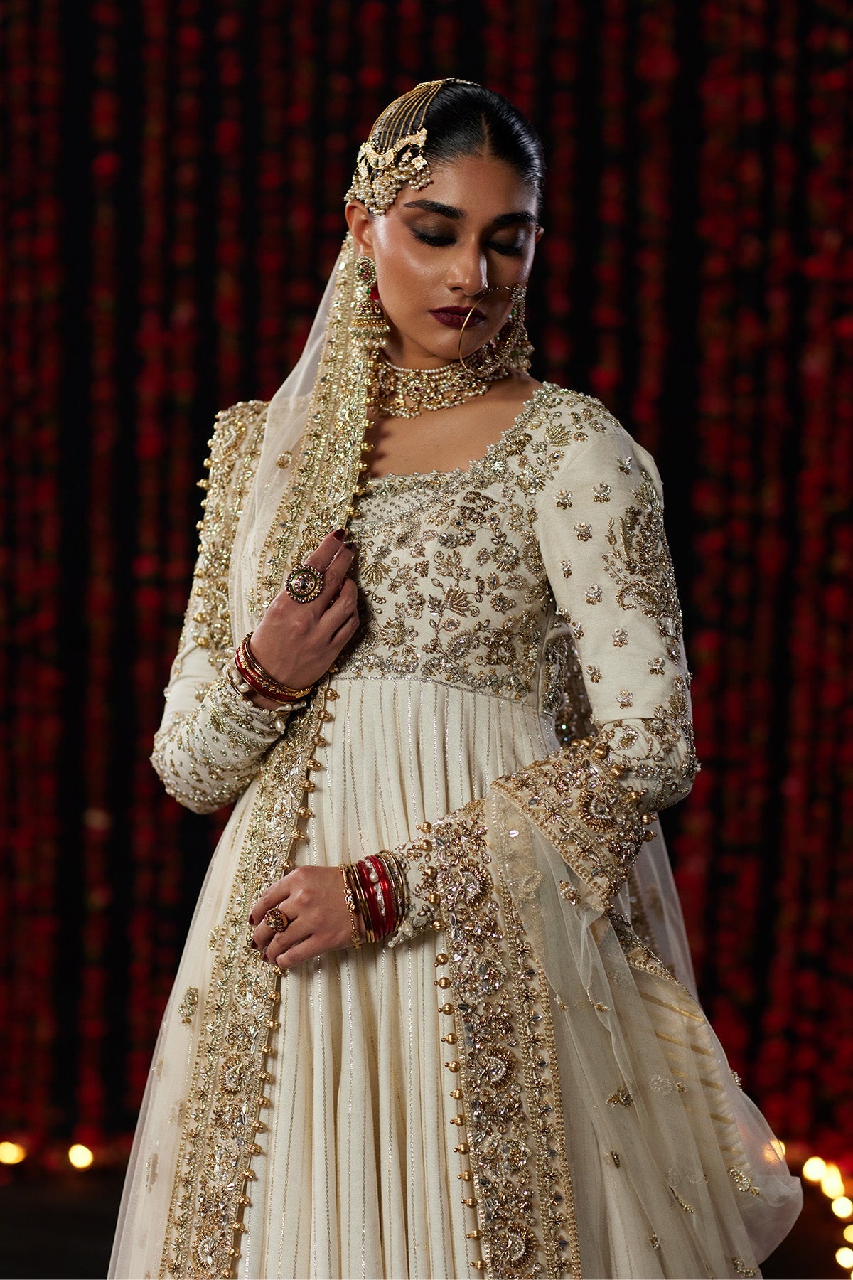 Saad Bin Shahzad Ayda – off-white gold taar bridal pishwas with crimson dupatta from Chandni Bridal'26 – view 6
