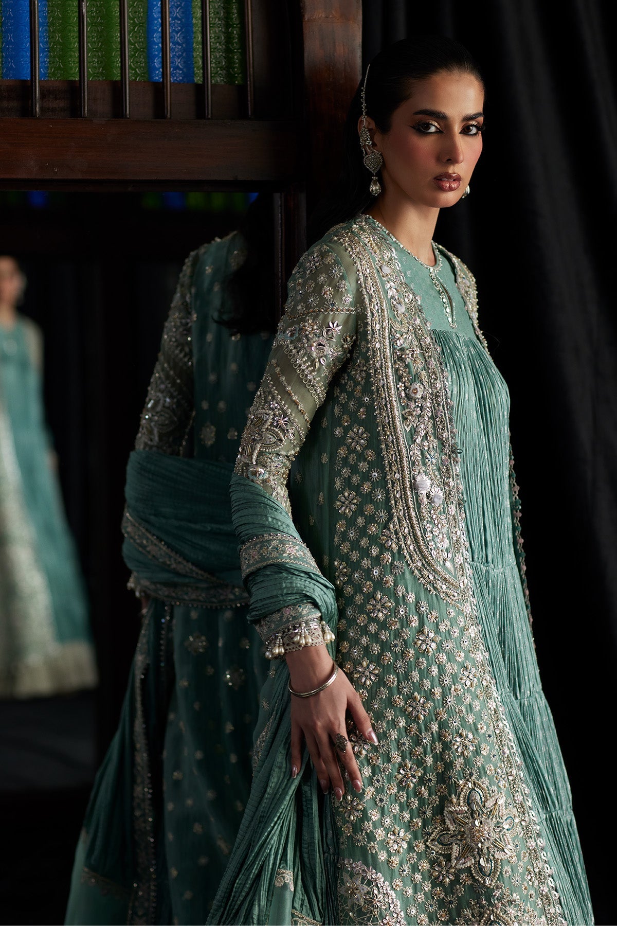Saad Bin Shahzad Olyra – turquoise embroidered open gown over a crushed inner pishwas from El Veneto Luxury Formals – view 3