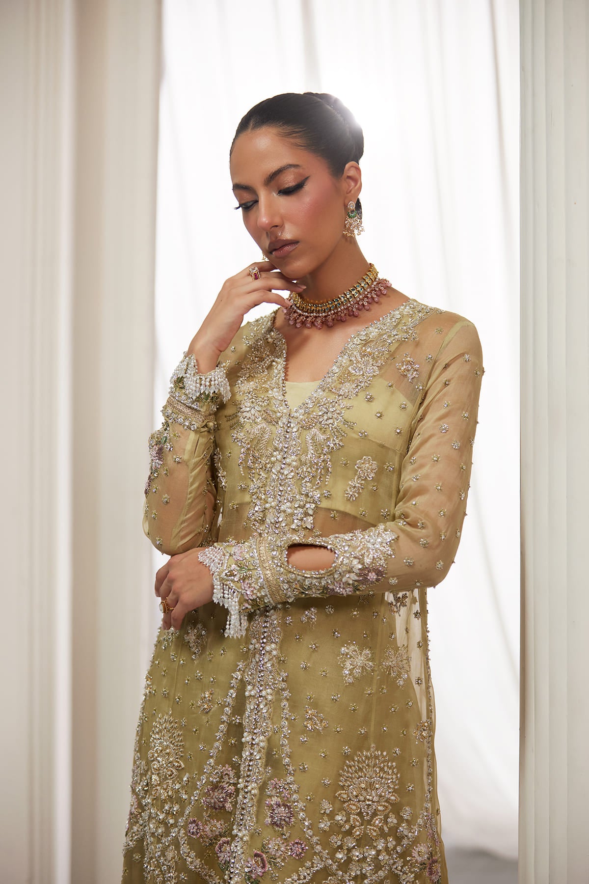 Saad Bin Shahzad Asmira – olive green zardozi organza long shirt with sharara from Lolita'25 – view 5
