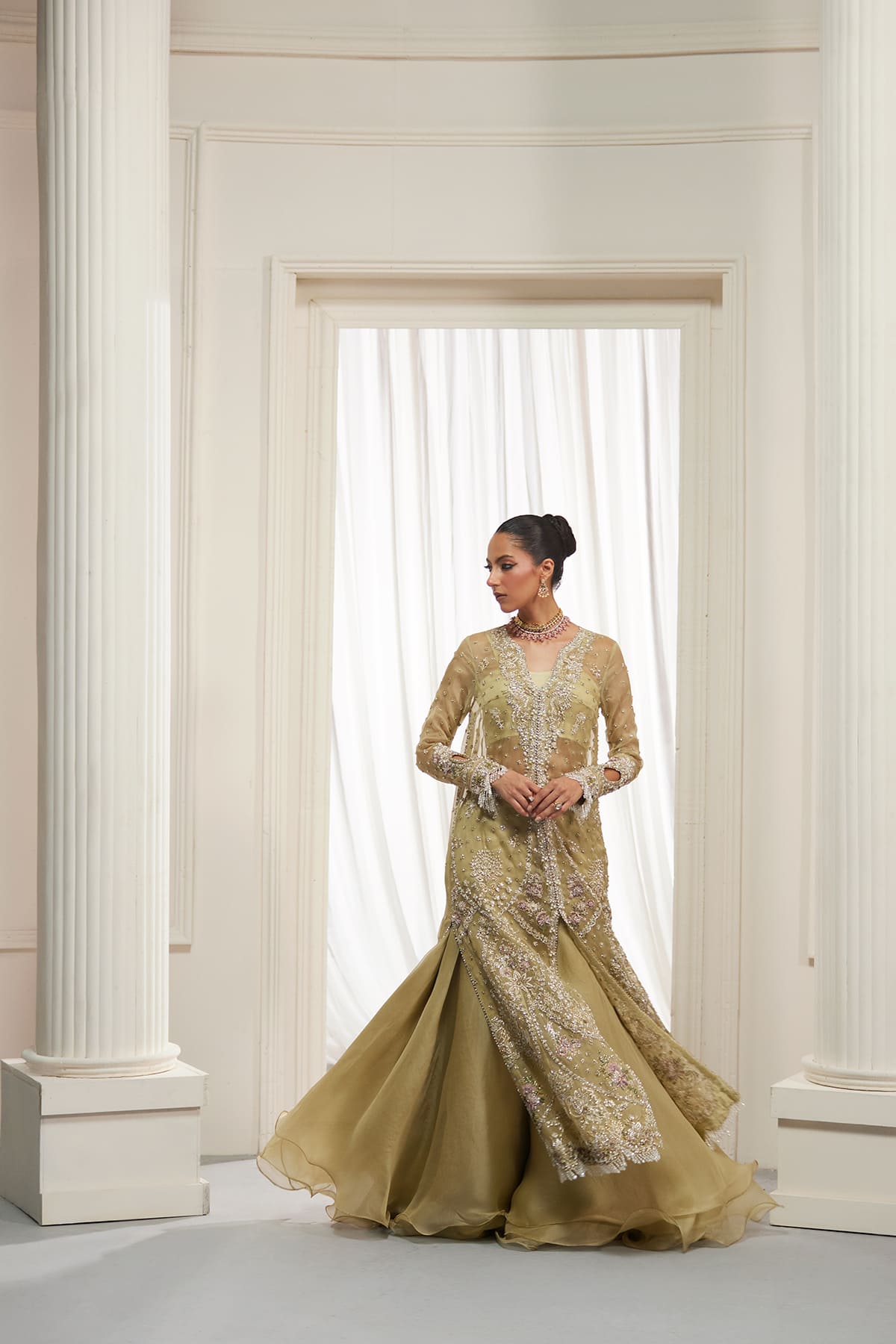 Saad Bin Shahzad Asmira – olive green zardozi organza long shirt with sharara from Lolita'25 – view 6