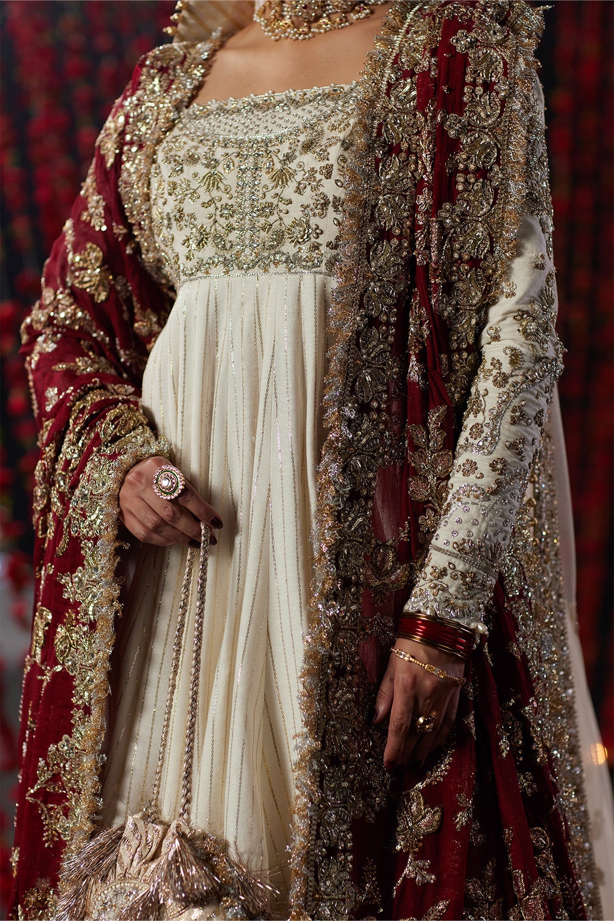 Saad Bin Shahzad Ayda – off-white gold taar bridal pishwas with crimson dupatta from Chandni Bridal'26 – view 3