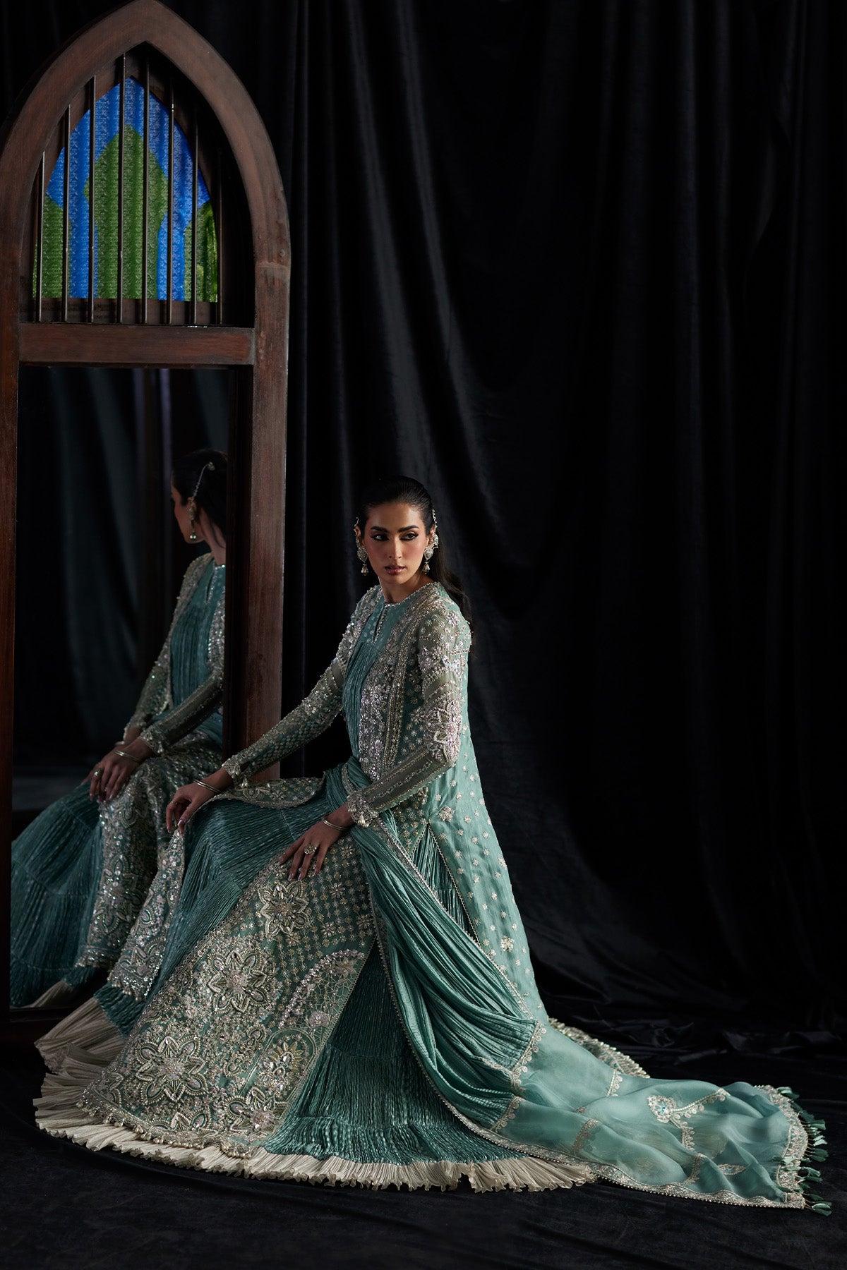Saad Bin Shahzad Olyra – turquoise embroidered open gown over a crushed inner pishwas from El Veneto Luxury Formals – view 10