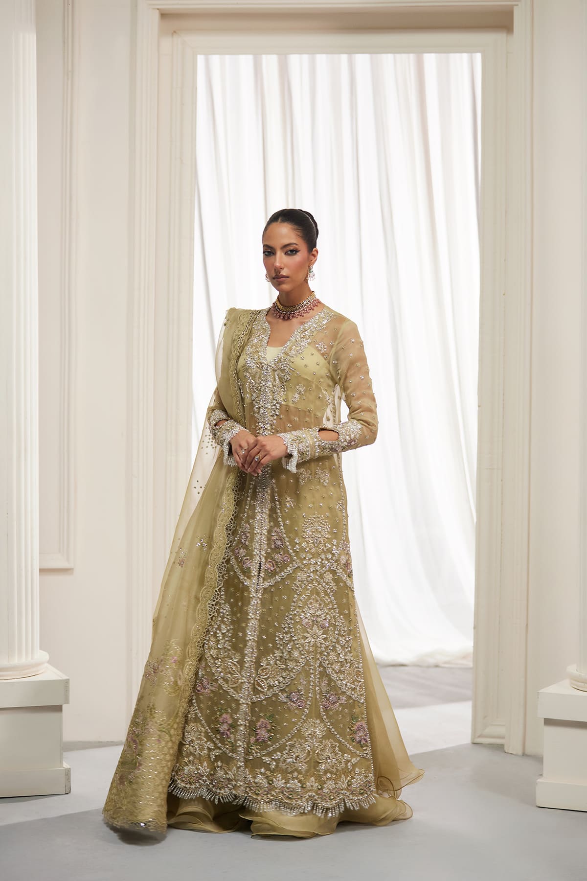 Saad Bin Shahzad Asmira – olive green zardozi organza long shirt with sharara from Lolita'25 – view 7