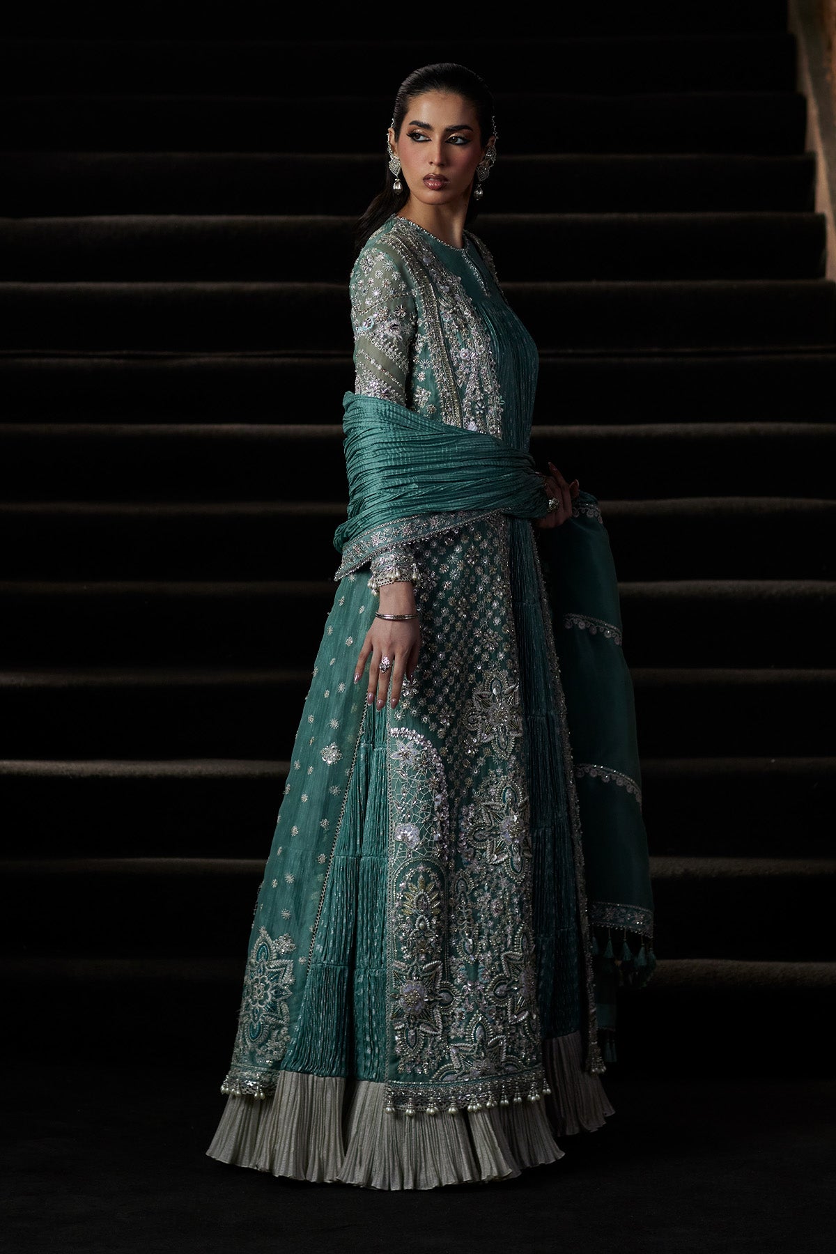 Saad Bin Shahzad Olyra – turquoise embroidered open gown over a crushed inner pishwas from El Veneto Luxury Formals – view 6