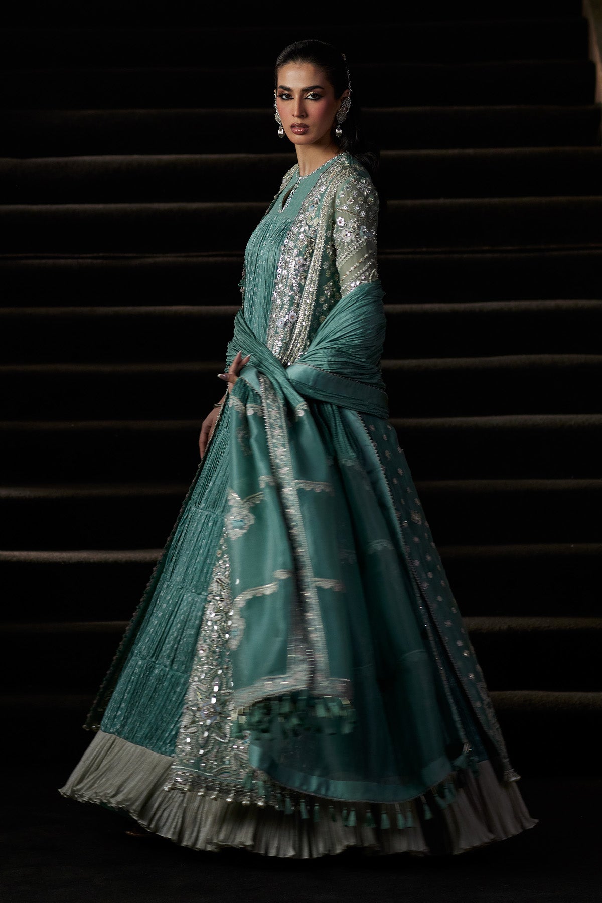 Saad Bin Shahzad Olyra – turquoise embroidered open gown over a crushed inner pishwas from El Veneto Luxury Formals – view 7
