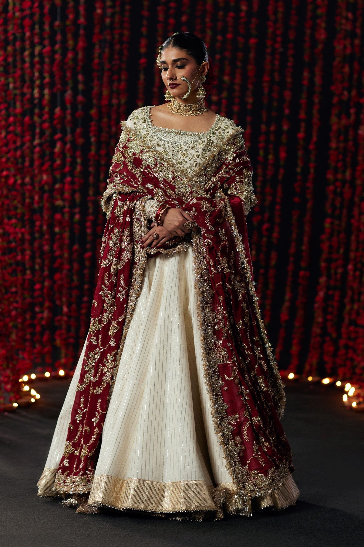 Saad Bin Shahzad Ayda – off-white gold taar bridal pishwas with crimson dupatta from Chandni Bridal'26 – view 10
