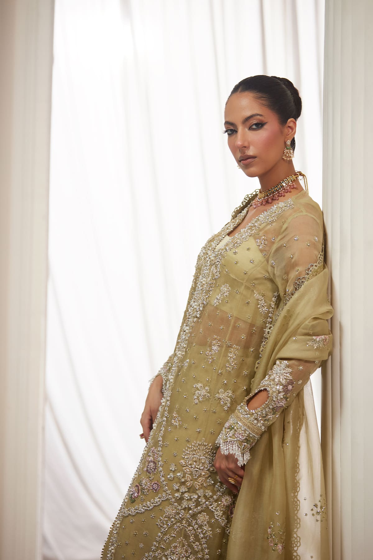 Saad Bin Shahzad Asmira – olive green zardozi organza long shirt with sharara from Lolita'25 – view 8