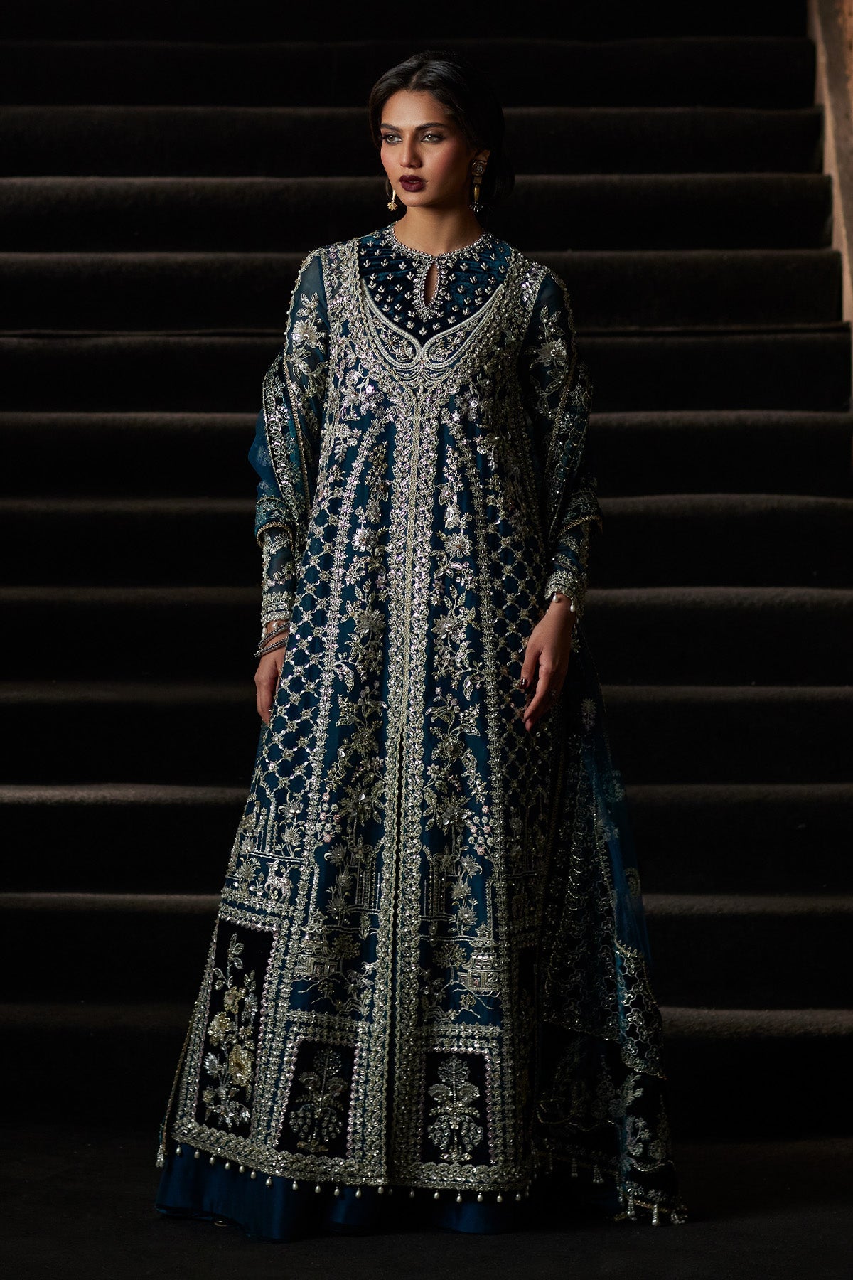 Saad Bin Shahzad Alira – deep teal embroidered gown with velvet borders and sharara from El Veneto Luxury Formals